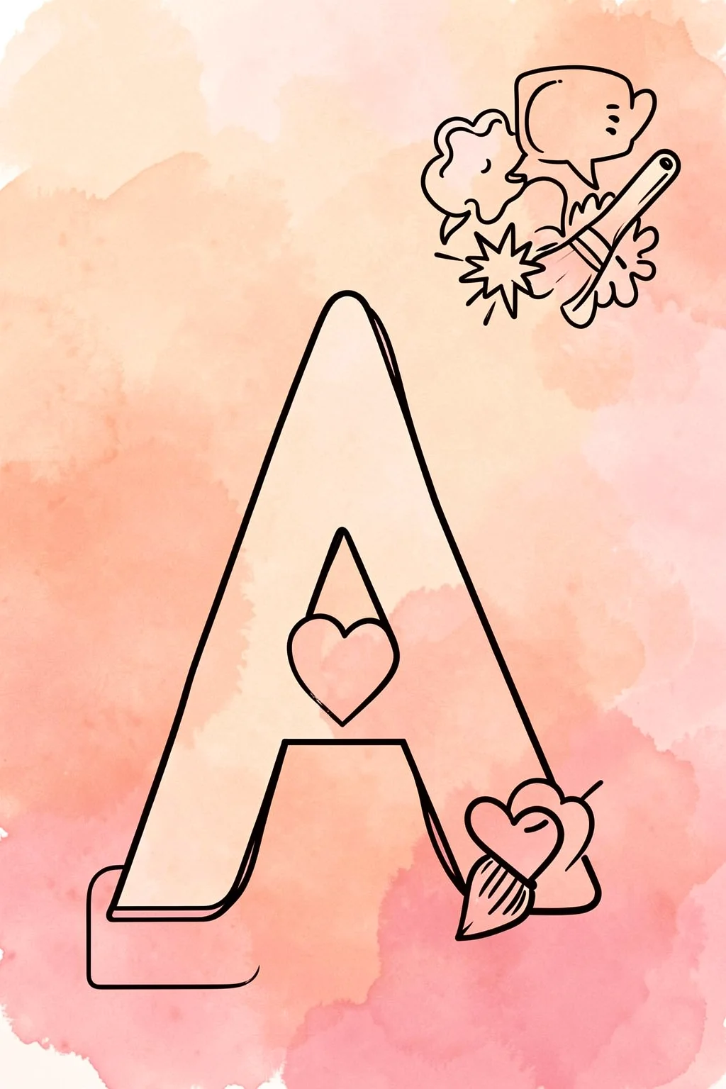 Could It Be Magic. A hand-drawn letter A, hearts and a magic wand form a playful doodle on pink watercolor.