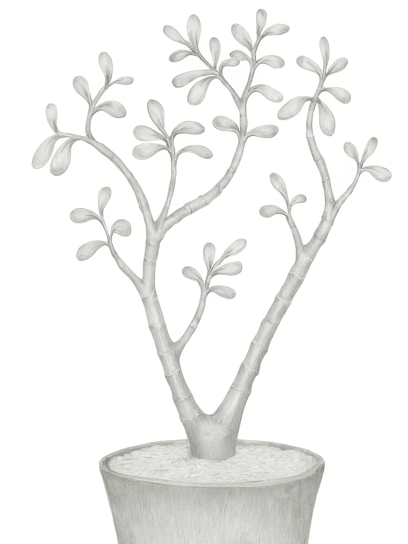 Onlly poster, Bare Branch in a Pot: A small, finely drawn leafless tree rises from a simple grey pot on a light background.