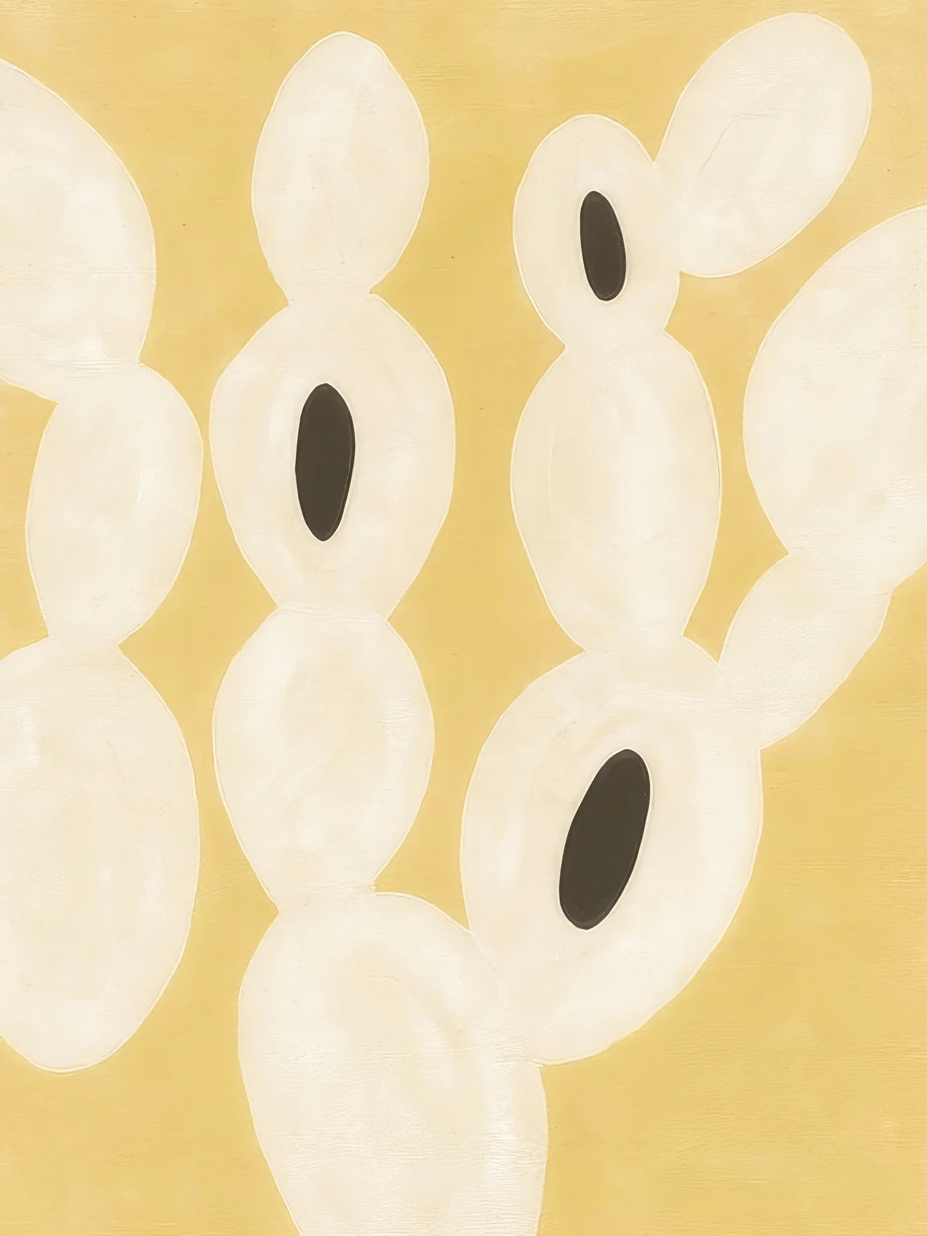 Onlly poster, Soft Organic Shapes: Large cream petal-like forms and small dark ovals repeat across a warm golden ground.
