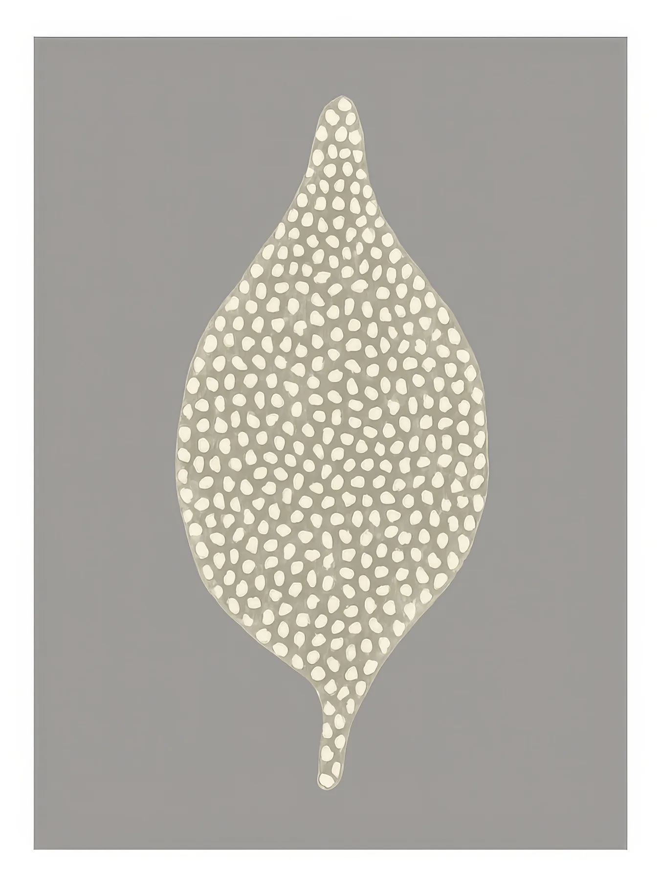 Onlly poster, Dotted Seed Pod: A single ivory seed-shaped form filled with tiny dots sits on charcoal grey.