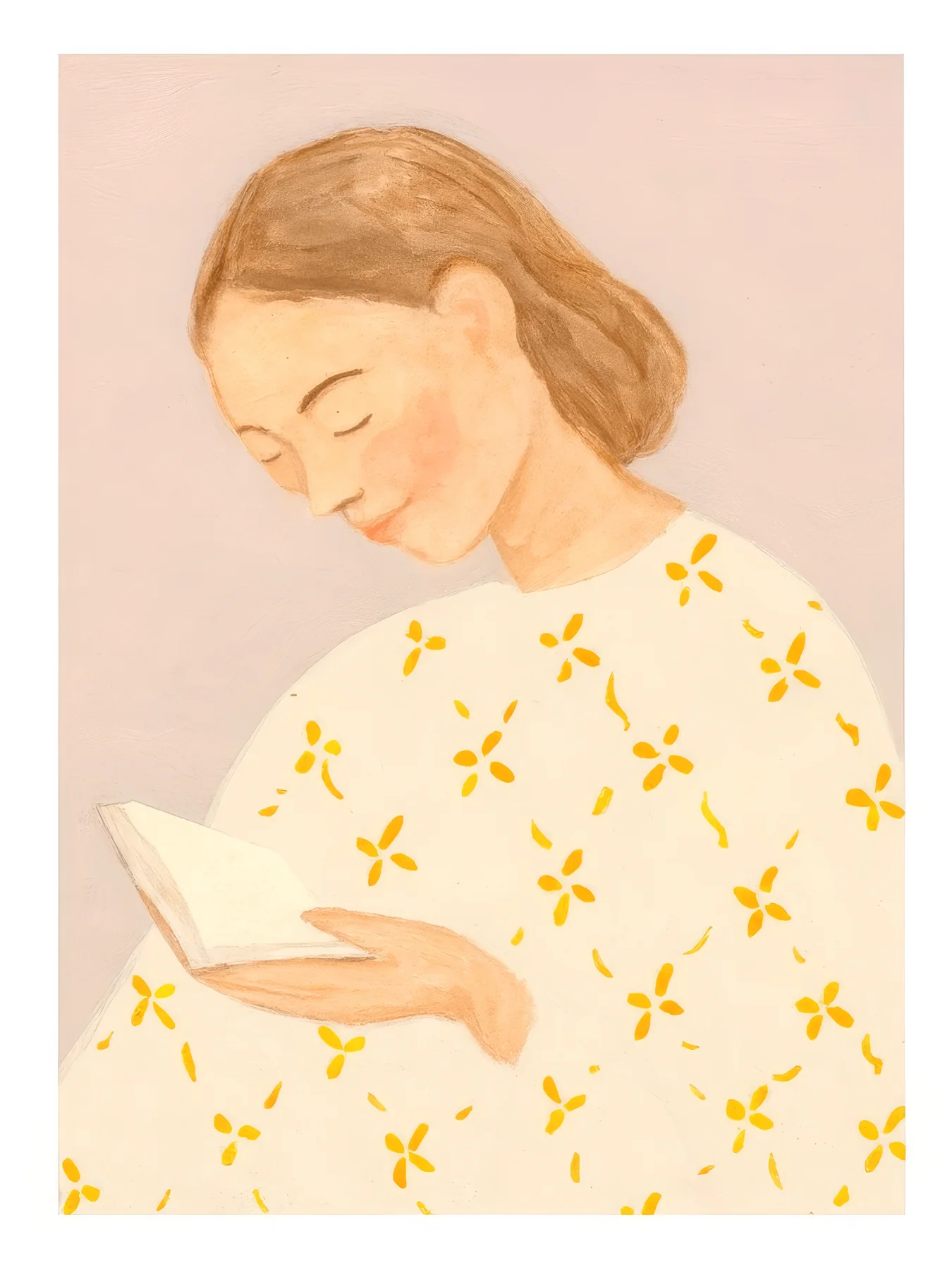 Onlly poster, Woman in a Yellow Floral Blouse: A woman with closed eyes wears a pale yellow blouse scattered with small floral marks.