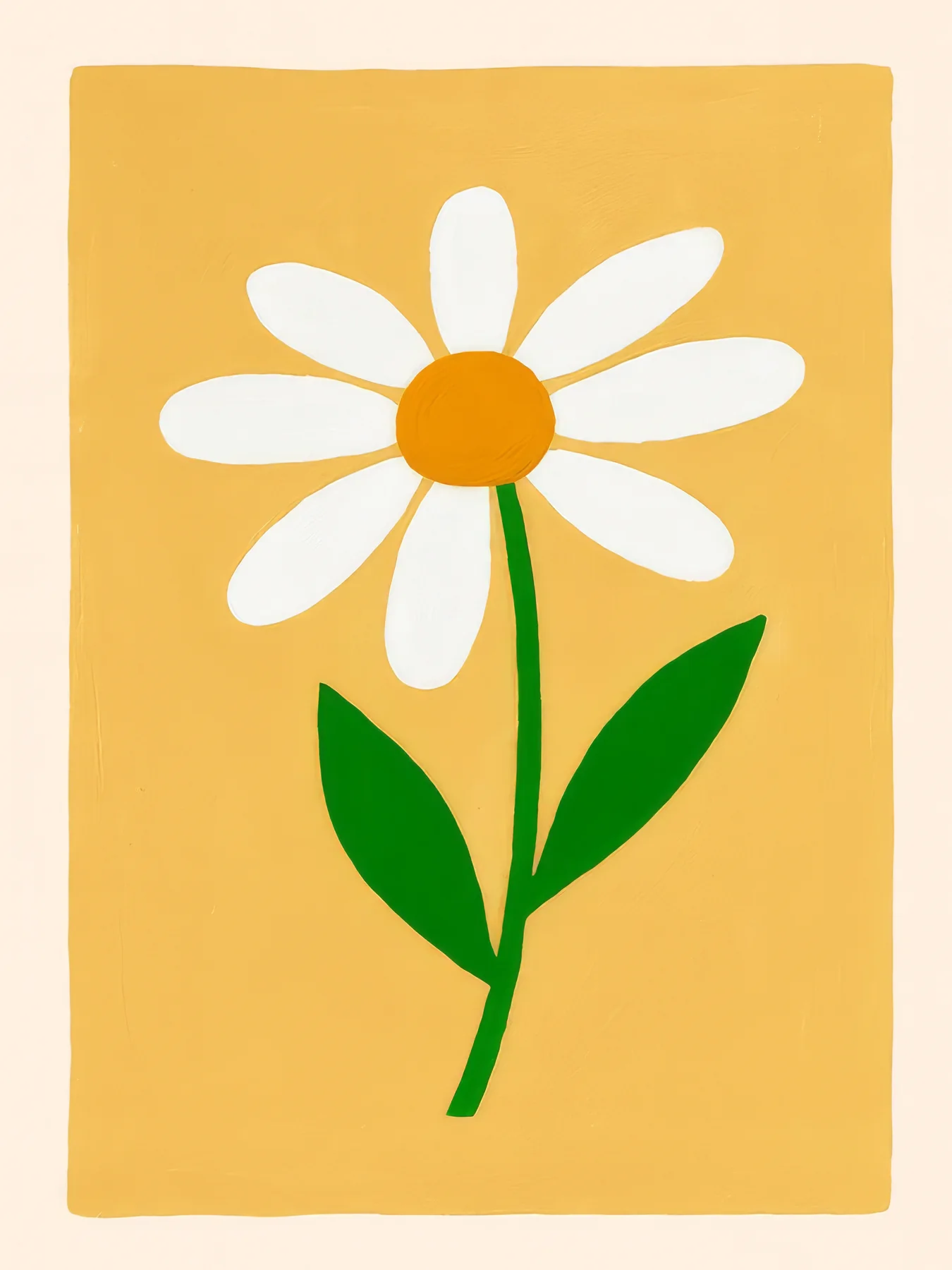 Onlly poster, White Daisy on Ochre: One white-petalled daisy with a golden centre stands upright on a mustard field.