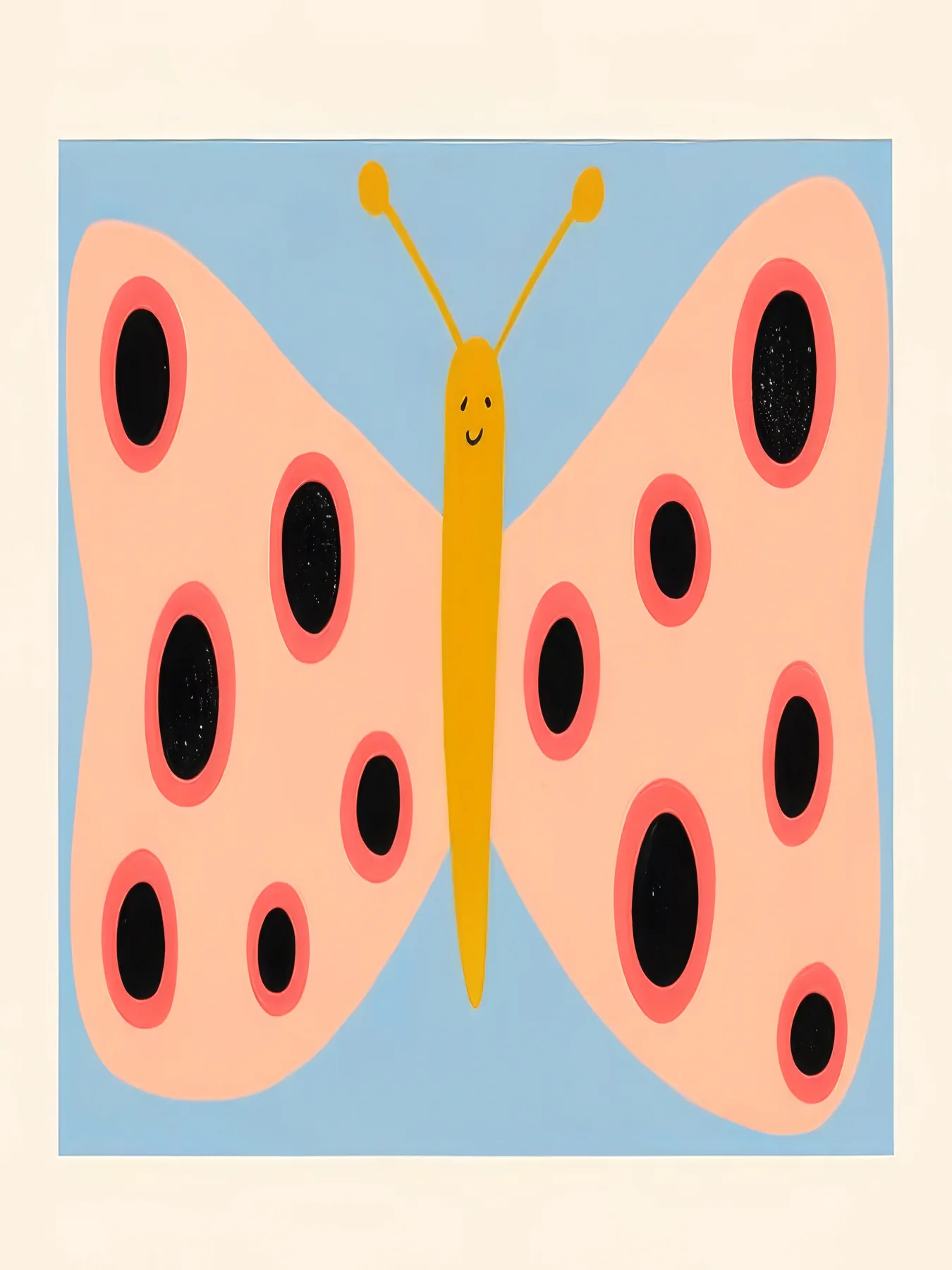 Onlly poster, Watermelon Butterfly Pattern: Pink watermelon-like forms with dark seeds and green accents create a symmetrical repeat.