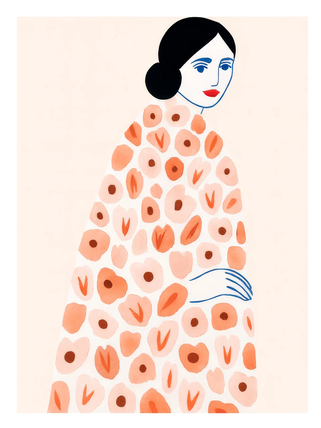 Onlly poster, Floral Dress Portrait: A dark-haired woman in a pale dress patterned with small coral blossoms is shown from above.