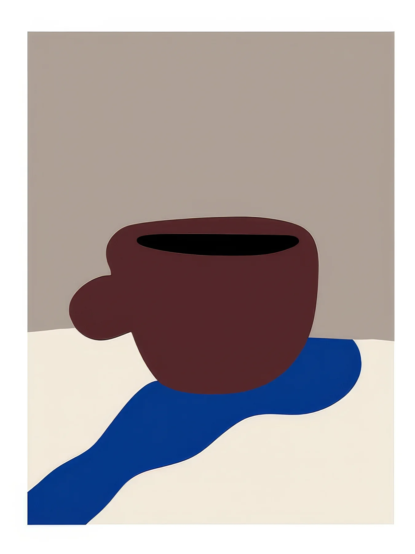 Onlly poster, Dark Cup and Blue Shadow: A simple dark cup casts an elongated deep-blue shadow across a muted surface.