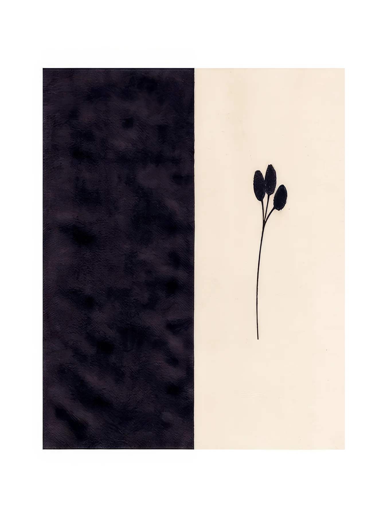 Onlly poster, One Stem in a Dark Field: A tiny plant rises along the boundary of a near-black and pale vertical panel.