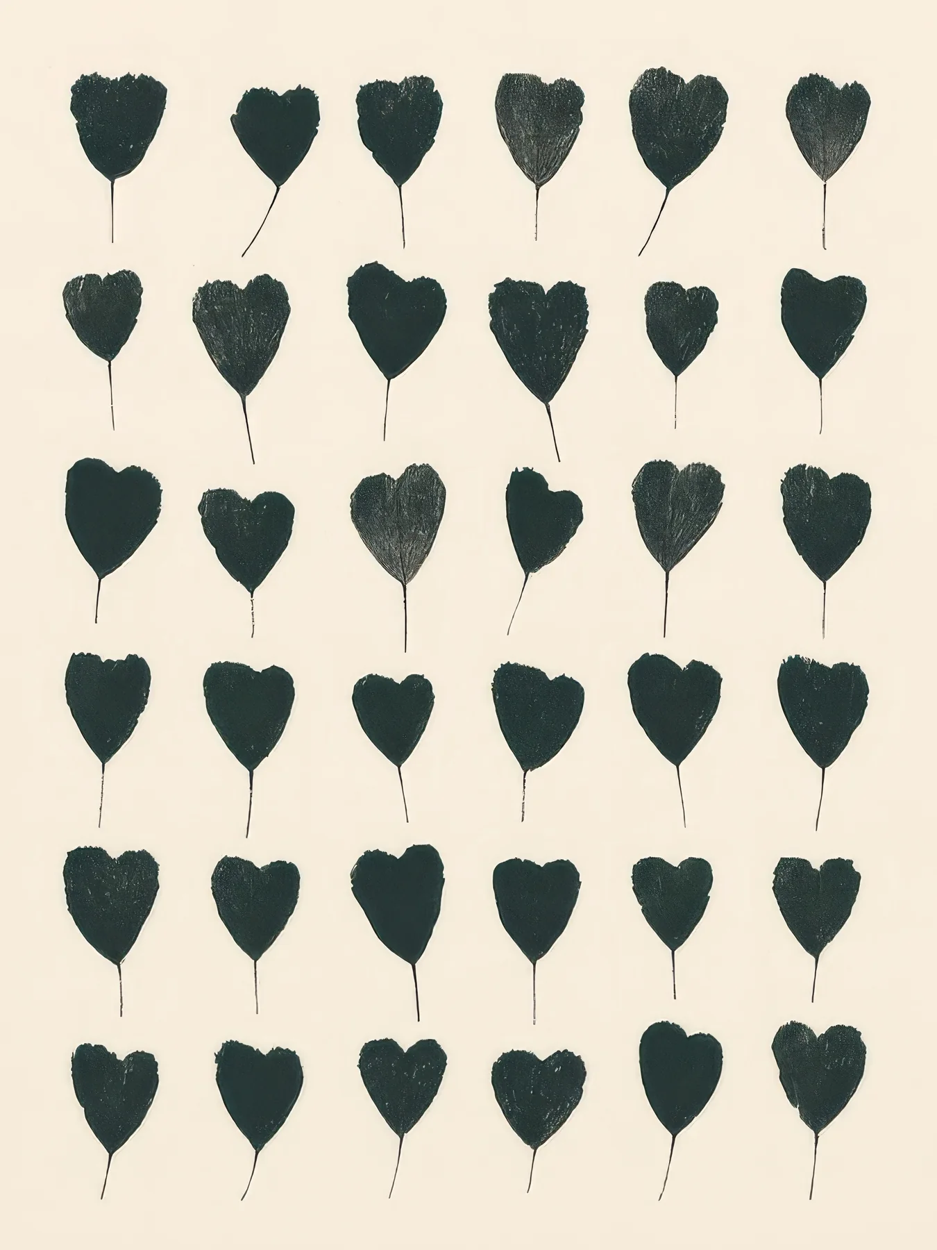 Onlly poster, Rows of Dark Hearts: Small hand-shaped dark hearts repeat in tidy rows on a warm cream ground.
