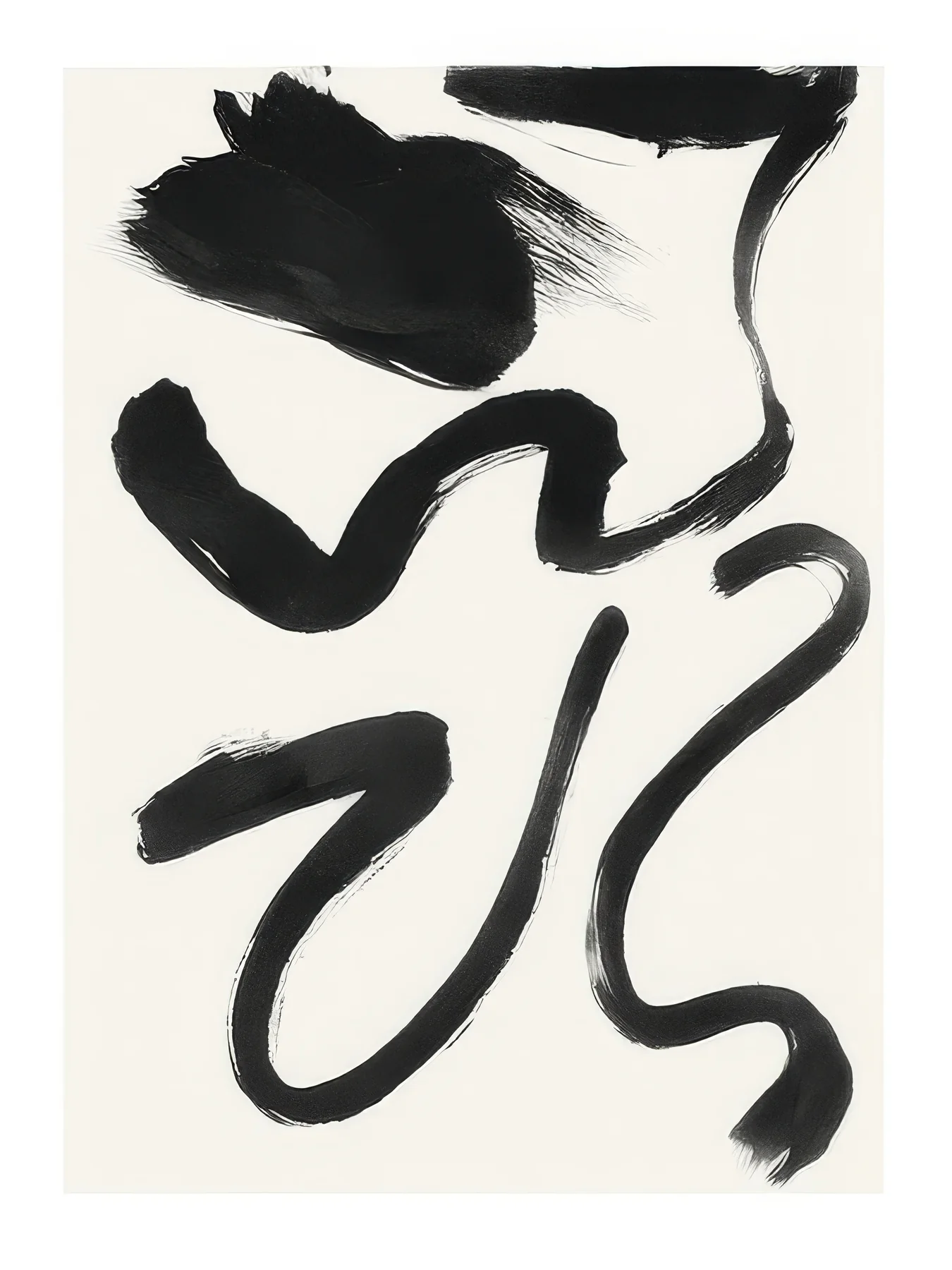 Onlly poster, Black Brush Gesture: A bold, energetic black brush form sweeps across pale paper.