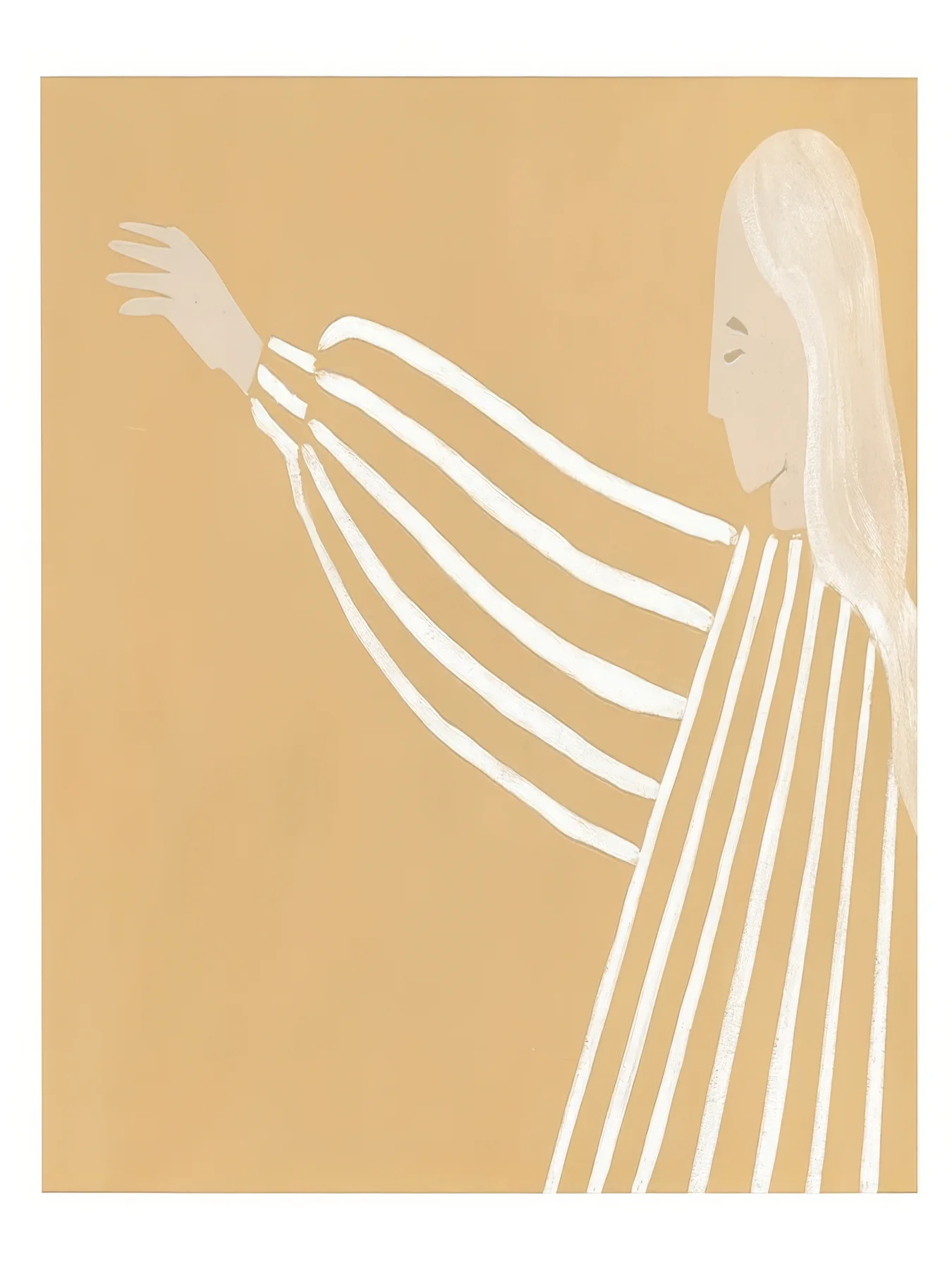Onlly poster, Ochre Figure in Flowing Lines: A seated pale figure is suggested by curved parallel lines on golden beige.