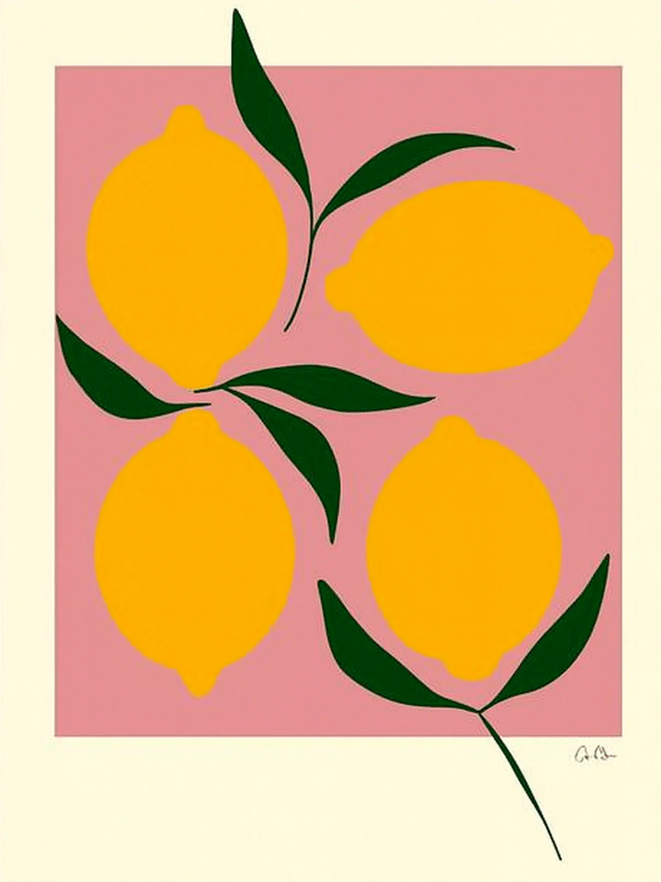Onlly poster, Lemons on Rose Pink: Four bright yellow lemons with green leaves are arranged on a soft pink field.