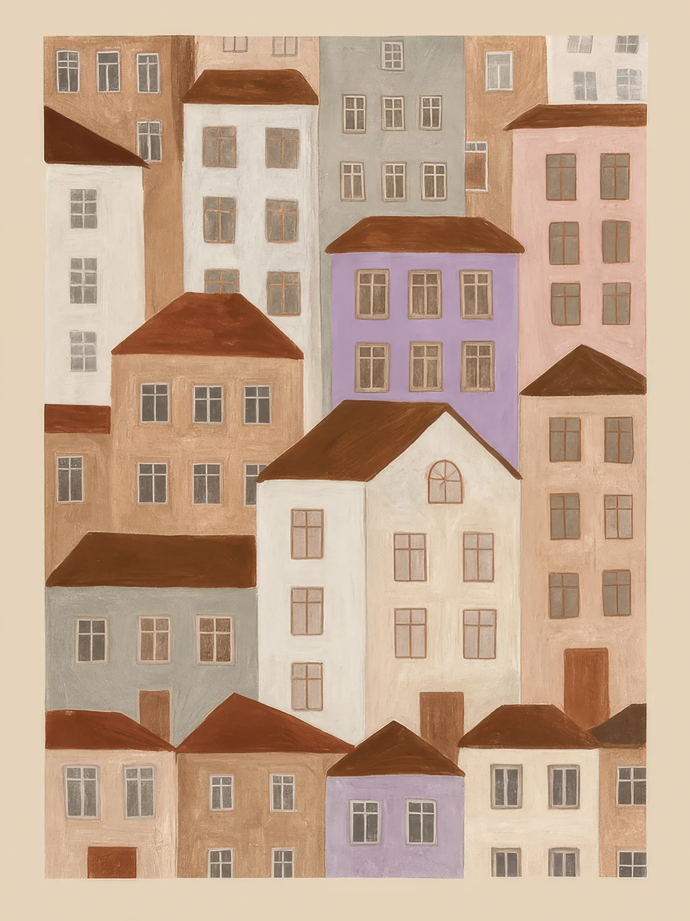 Onlly poster, Pastel Townhouses: A row of closely packed houses in soft pink, tan and lilac fills the composition.