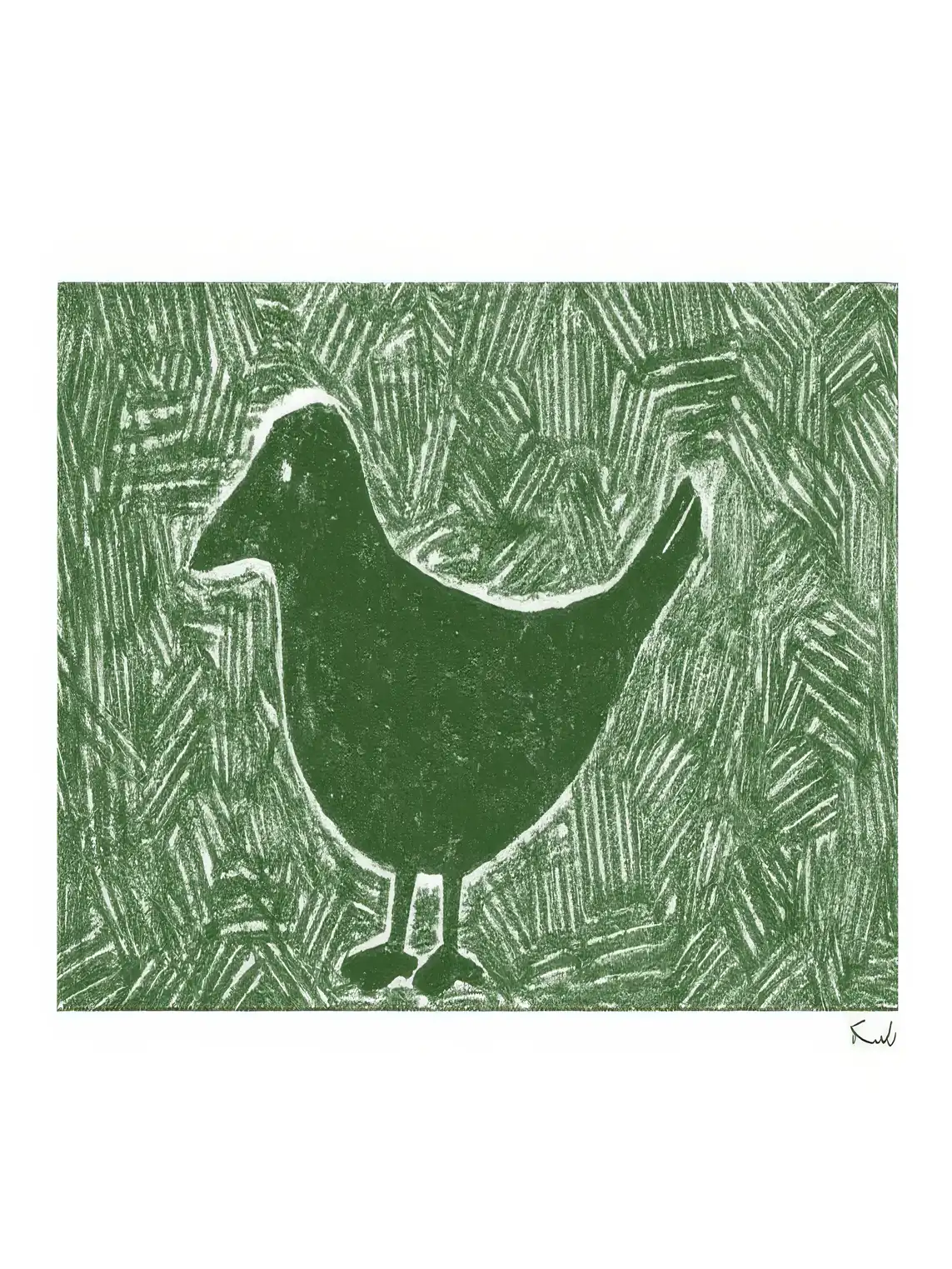 Onlly poster, Hen in a Green Garden: A white hen is picked out in fine pale lines over a richly textured green field.