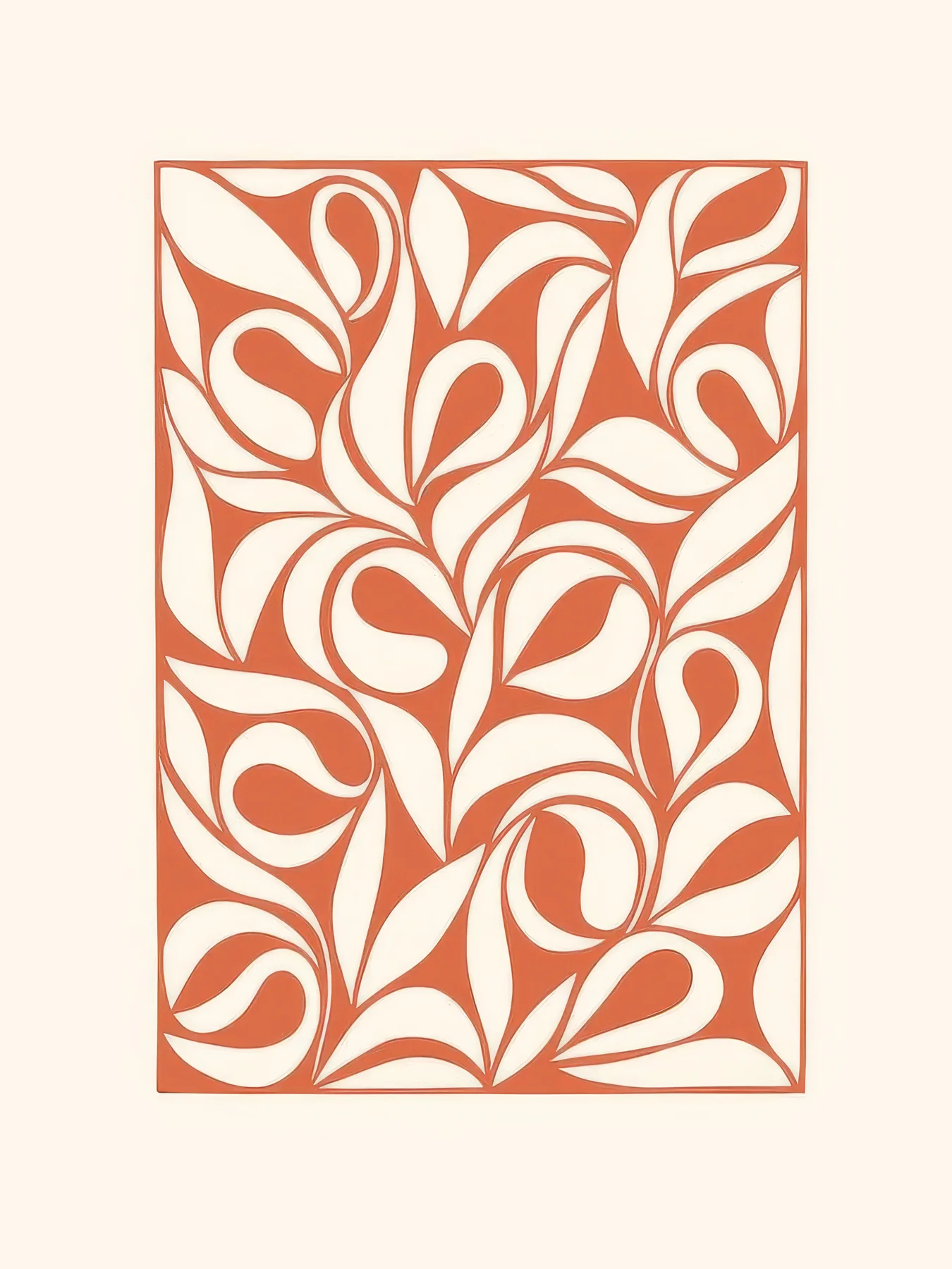 Onlly poster, Rust Leaf Motif Pattern: Cream curving leaves repeat across a terracotta ground.