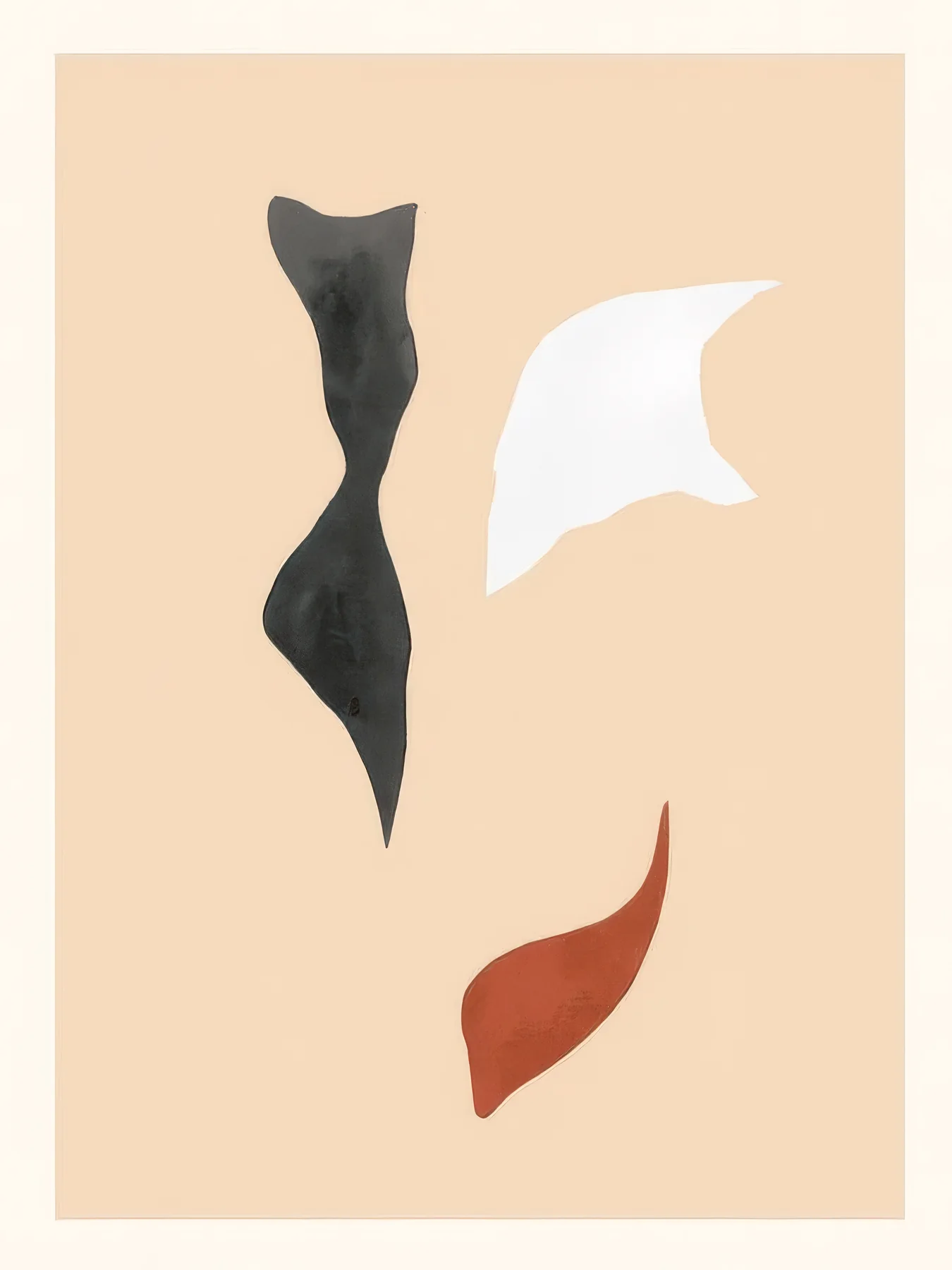 Onlly poster, Abstract Dancing Figures: Three simplified red, white and charcoal figures appear to turn across a warm beige field.