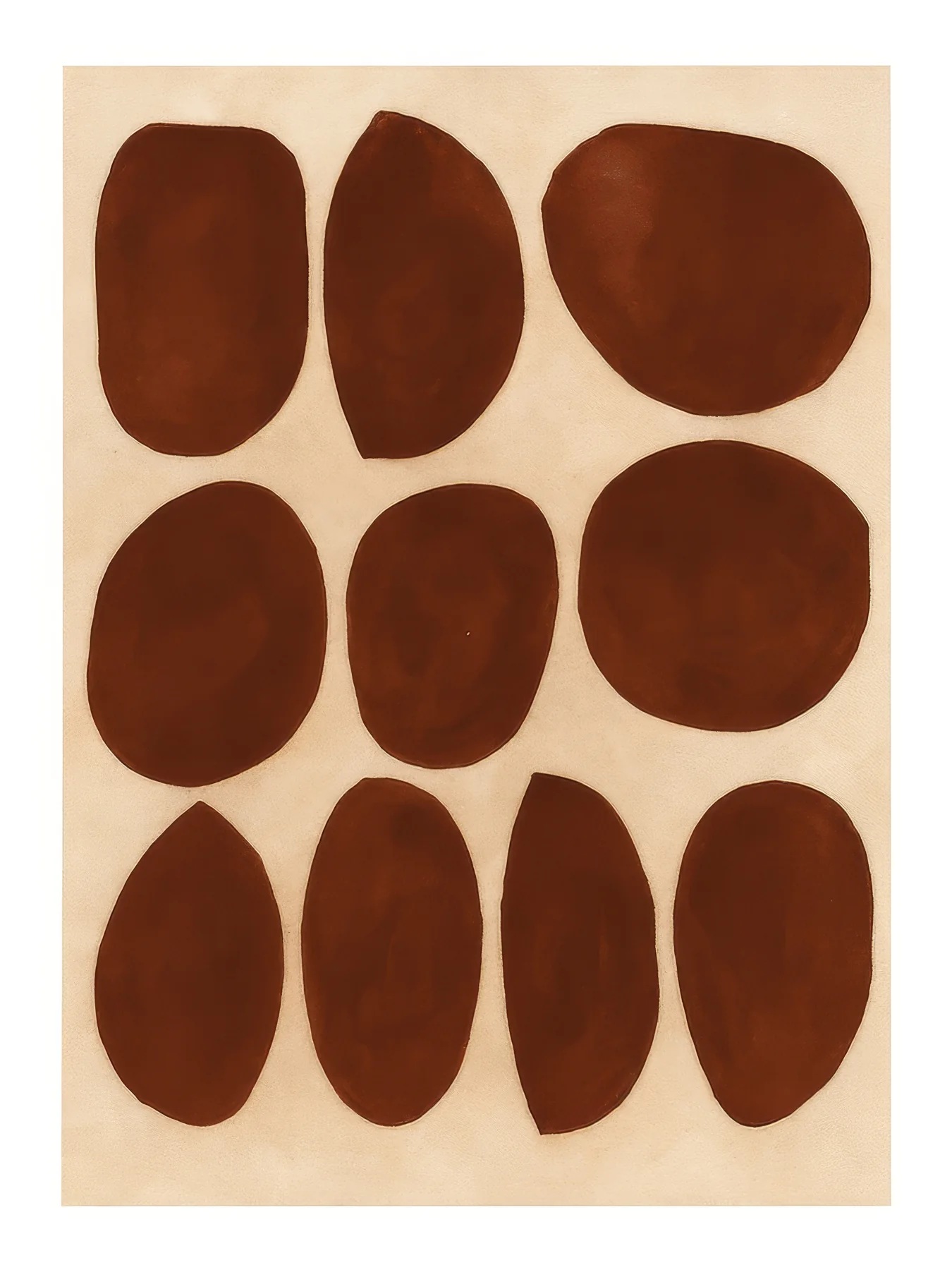 Onlly poster, Brown Oval Motif Grid: Nine dark-brown ovals repeat in even rows on a pale peach background.