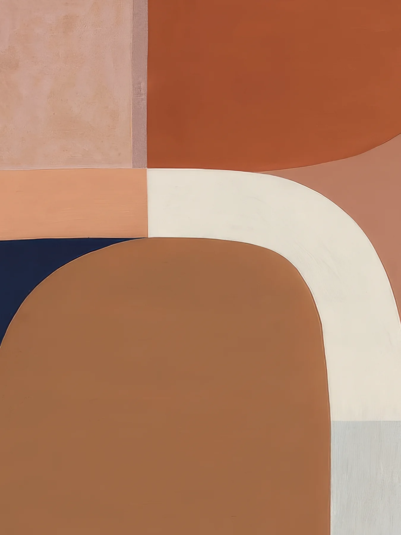 Onlly poster, Earth-Tone Colour Blocks: Large curved blocks in rust, ochre, cream and navy overlap in a calm geometric layout.