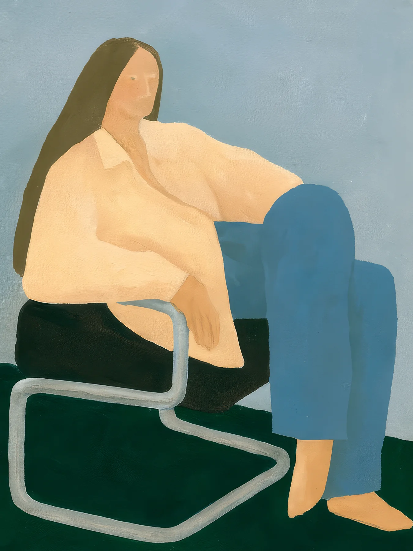 Onlly poster, Woman Seated in Blue: A woman in a pale top sits in a curved blue chair against a muted grey-green ground.
