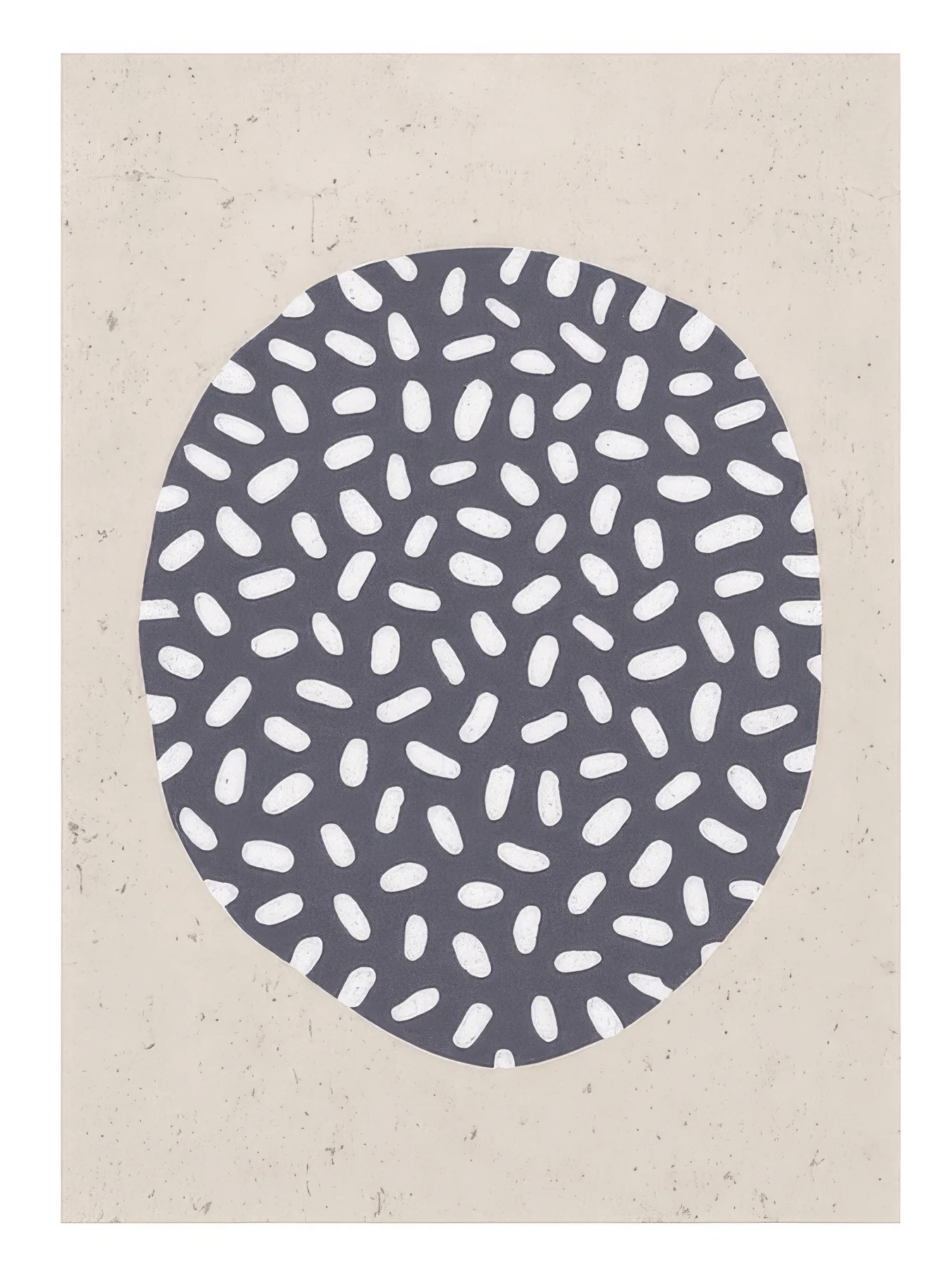 Onlly poster, Speckled Charcoal Circle: A dark circle filled with small pale marks is centred on a light neutral field.