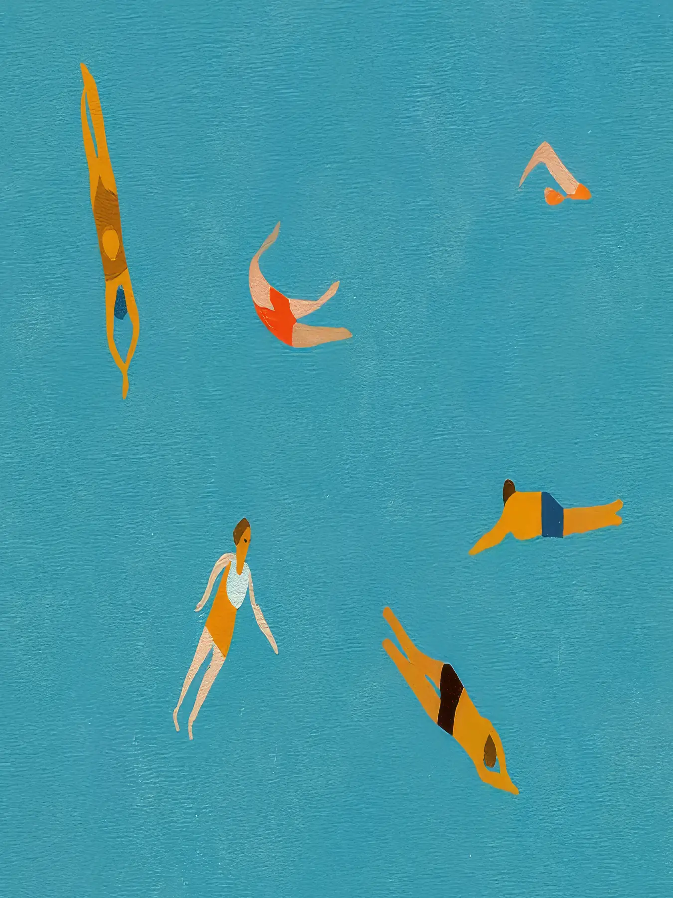 Onlly poster, Swimmers in Turquoise Water: Tiny swimmers and fish-like shapes drift through a bright blue sea.