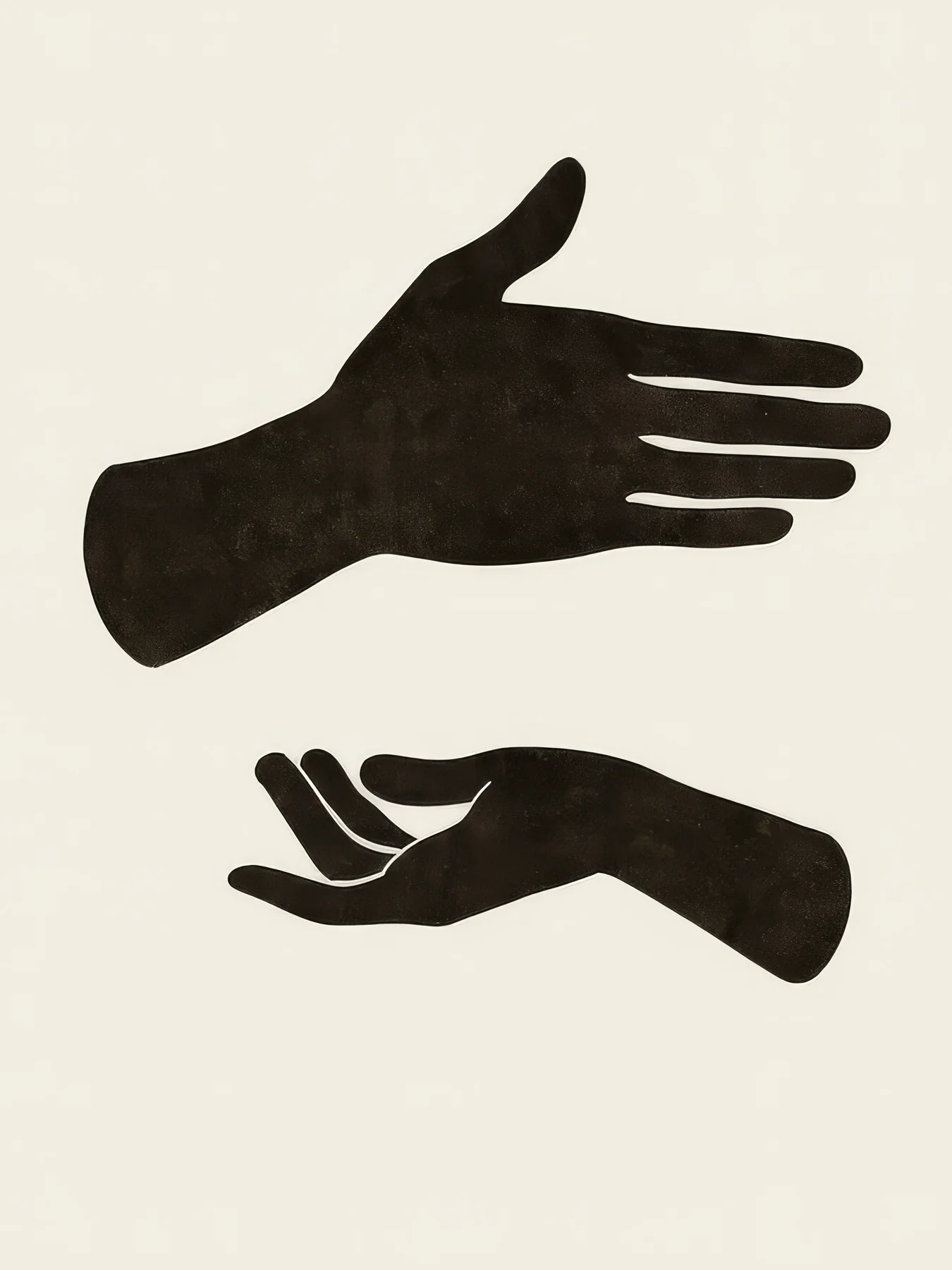 Onlly poster, Two Black Hand Gestures: Two graphic black hands reach toward one another across a warm ivory field.