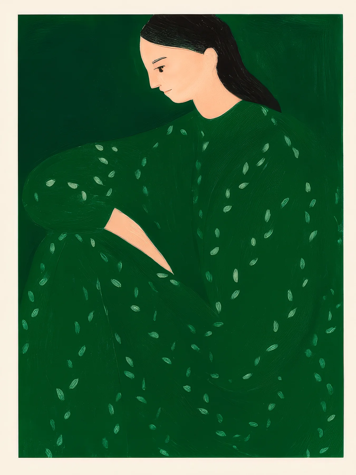 Onlly poster, Woman in a Green Dress: A reclining dark-haired woman in a deep green, finely dotted dress fills the frame.