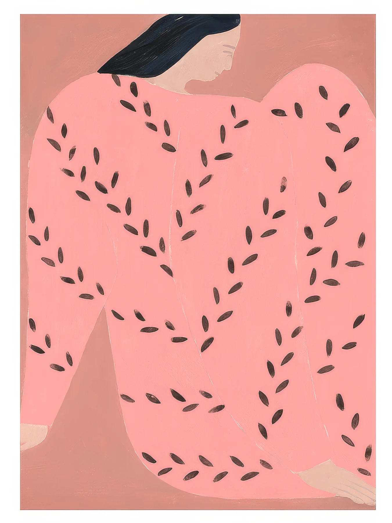 Onlly poster, Pink Seed Pattern: Small dark seed-like marks scatter across a close-up coral and pink field.