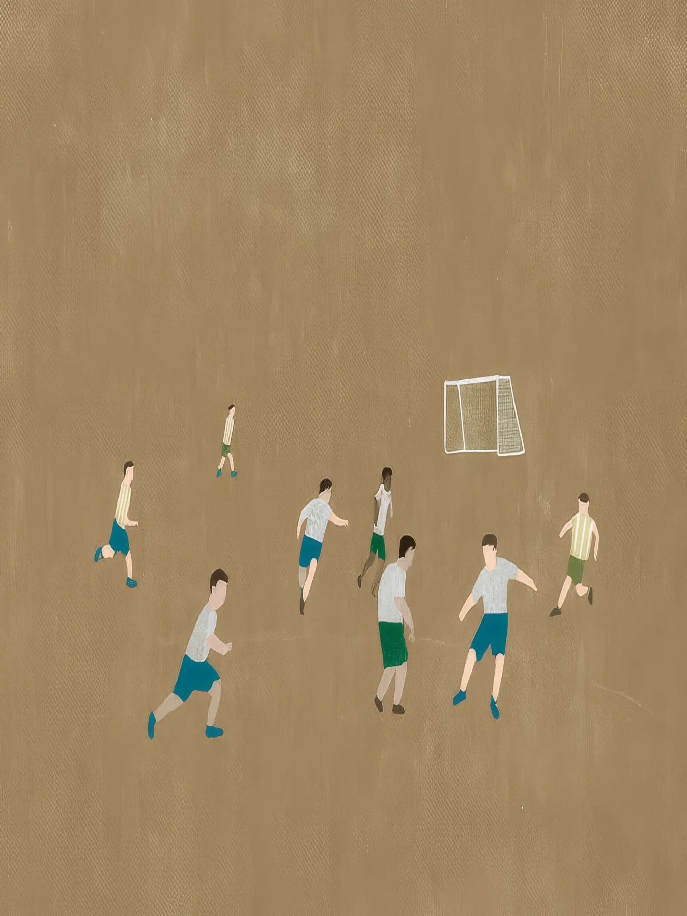 Onlly poster, Tiny Players on Ochre: Small figures move across a textured brown-green field in a distant sports scene.