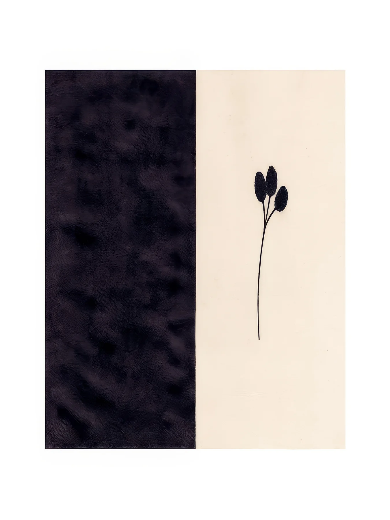 Onlly poster, Single Stem in a Dark Panel: A fine dark stem and tiny leaves stand against a two-tone charcoal and cream background.