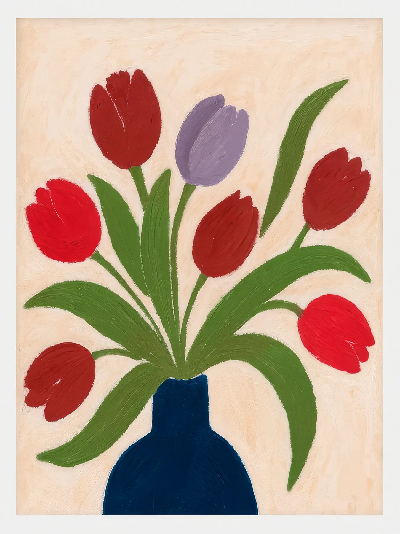 Onlly poster, Red Tulips in a Blue Vase: Red tulips with green leaves rise from a rounded deep-blue vase.