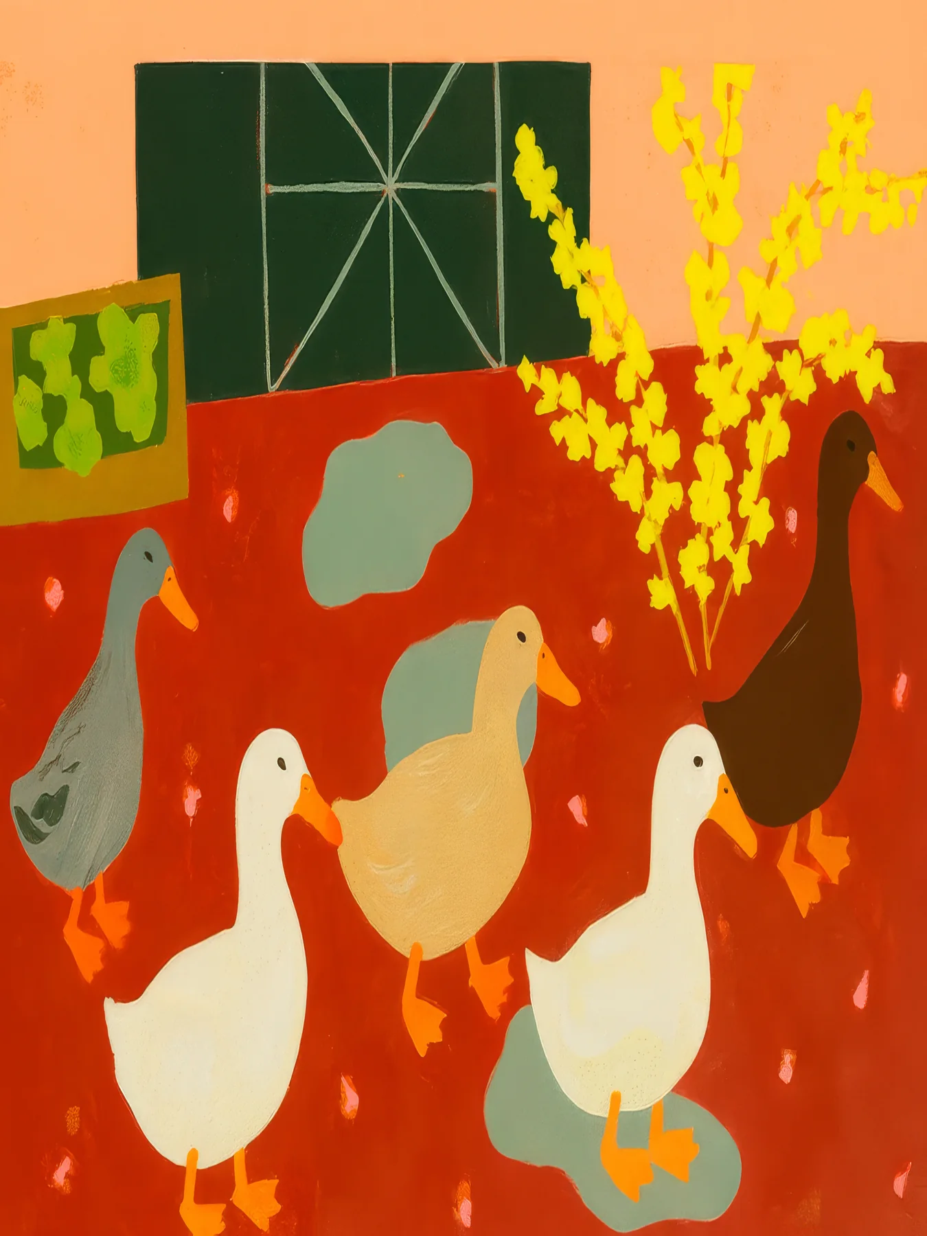 Onlly poster, White Birds in a Flowering Garden: Several white birds stand among bright red, yellow and green blossoms.