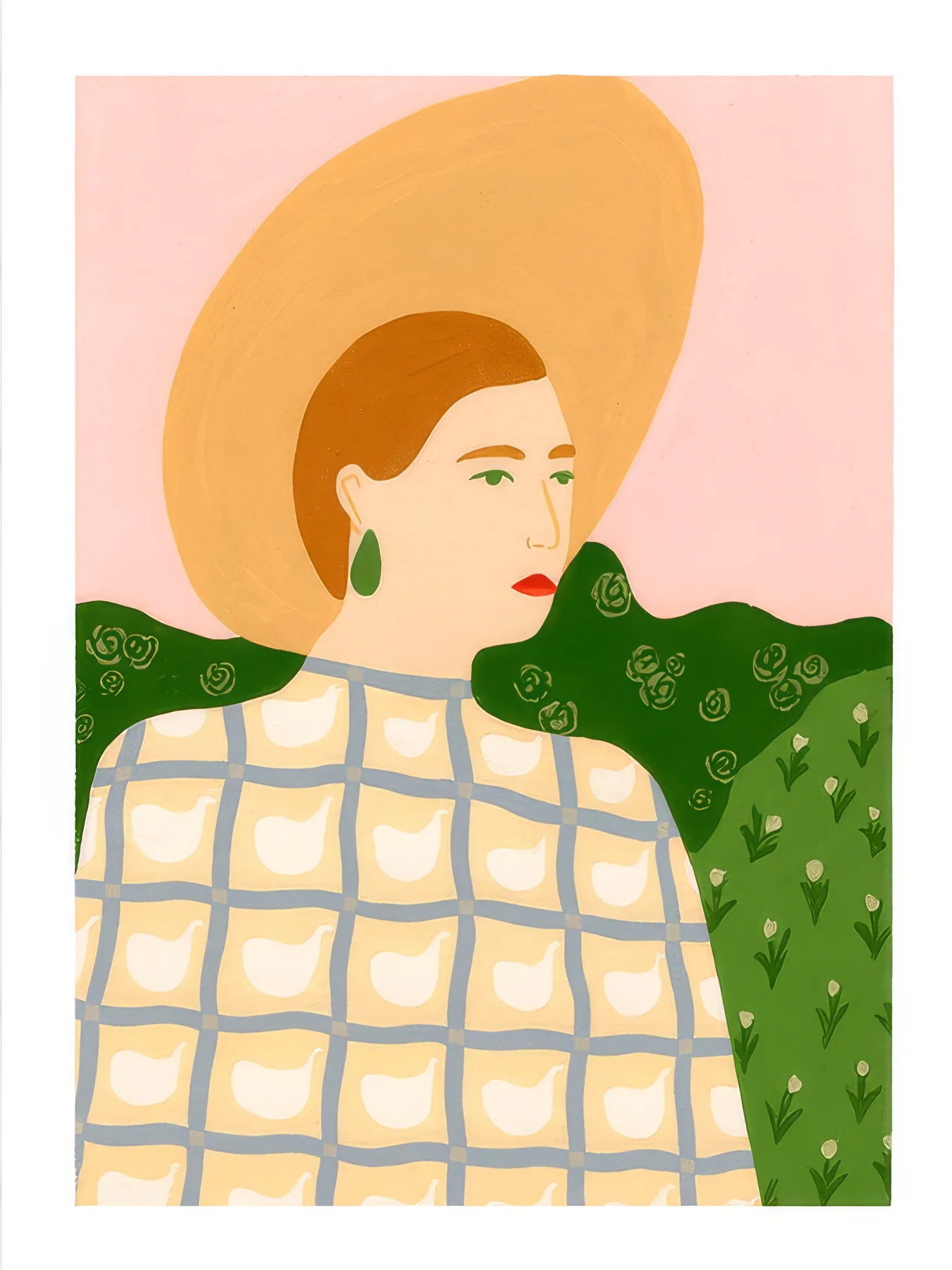 Onlly poster, Woman Draped in Green: A woman in profile is wrapped in a dark green patterned shawl against a peach ground.