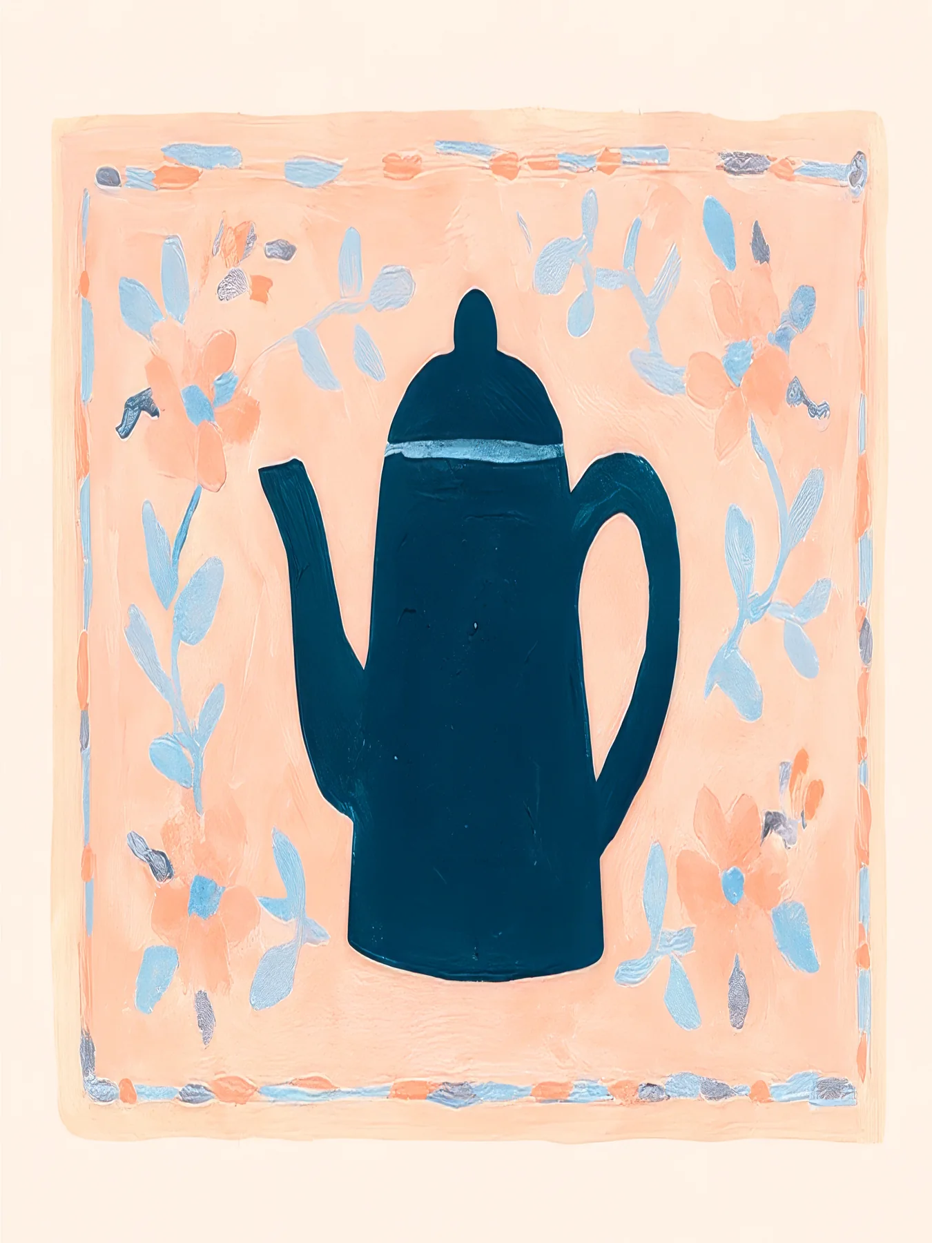 Onlly poster, Blue Teapot on a Patterned Cloth: A dark blue teapot sits on a pale patterned ground with small blue and coral marks.