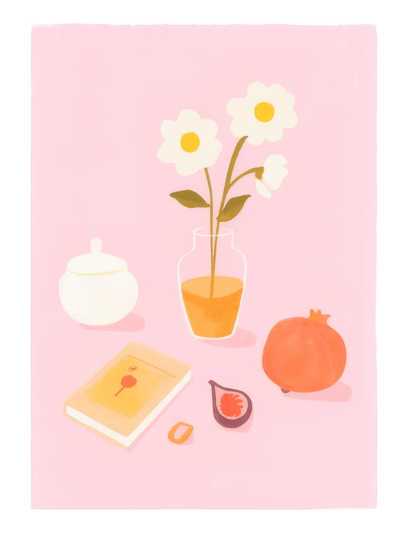 Onlly poster, Flowers and Tea on Pink: A small vase of flowers, a cup and a few flat objects form a quiet tabletop scene.