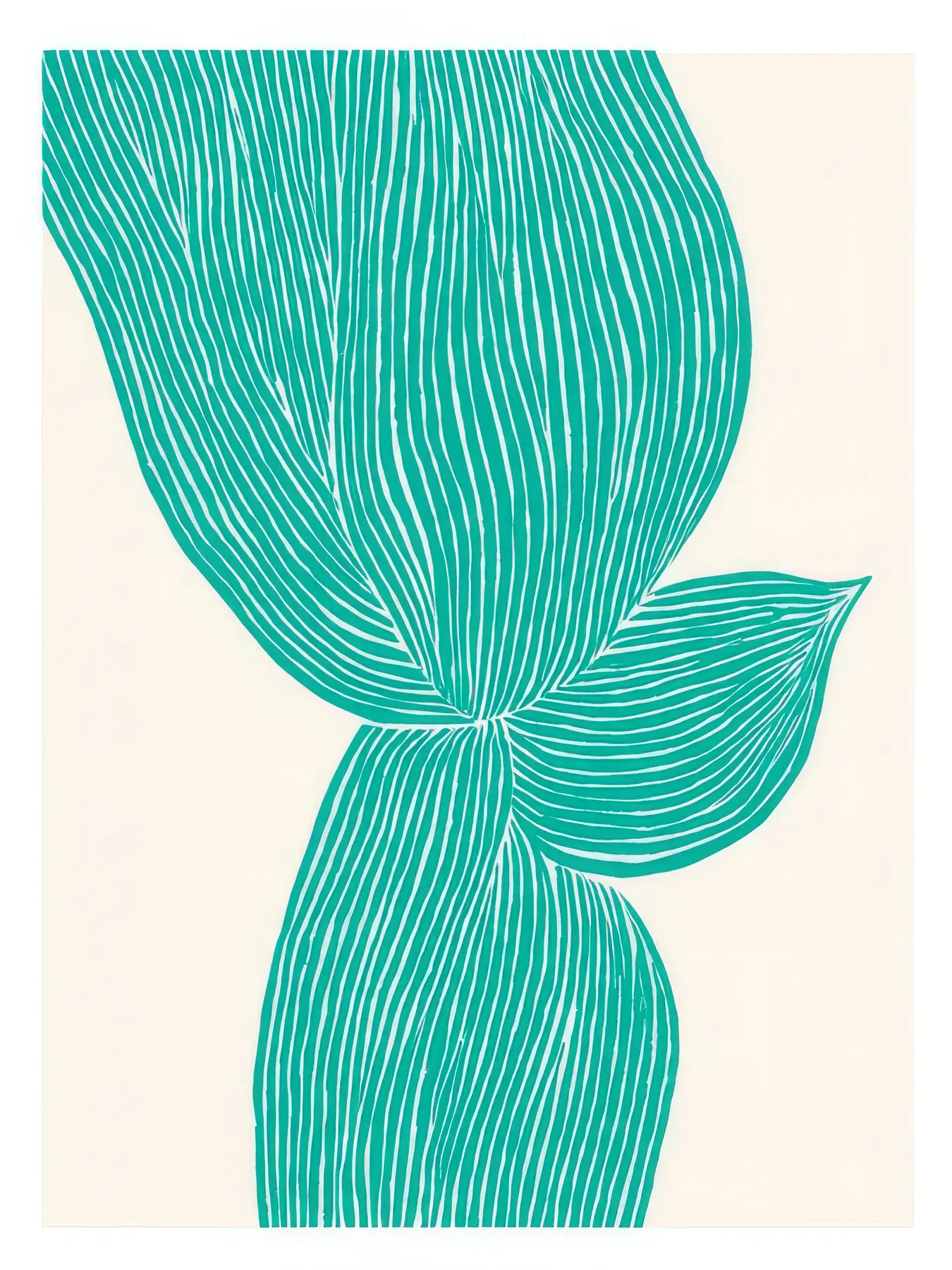 Onlly poster, Turquoise Flowing Leaves: Two large turquoise leaf forms with fine linear texture meet at the centre.