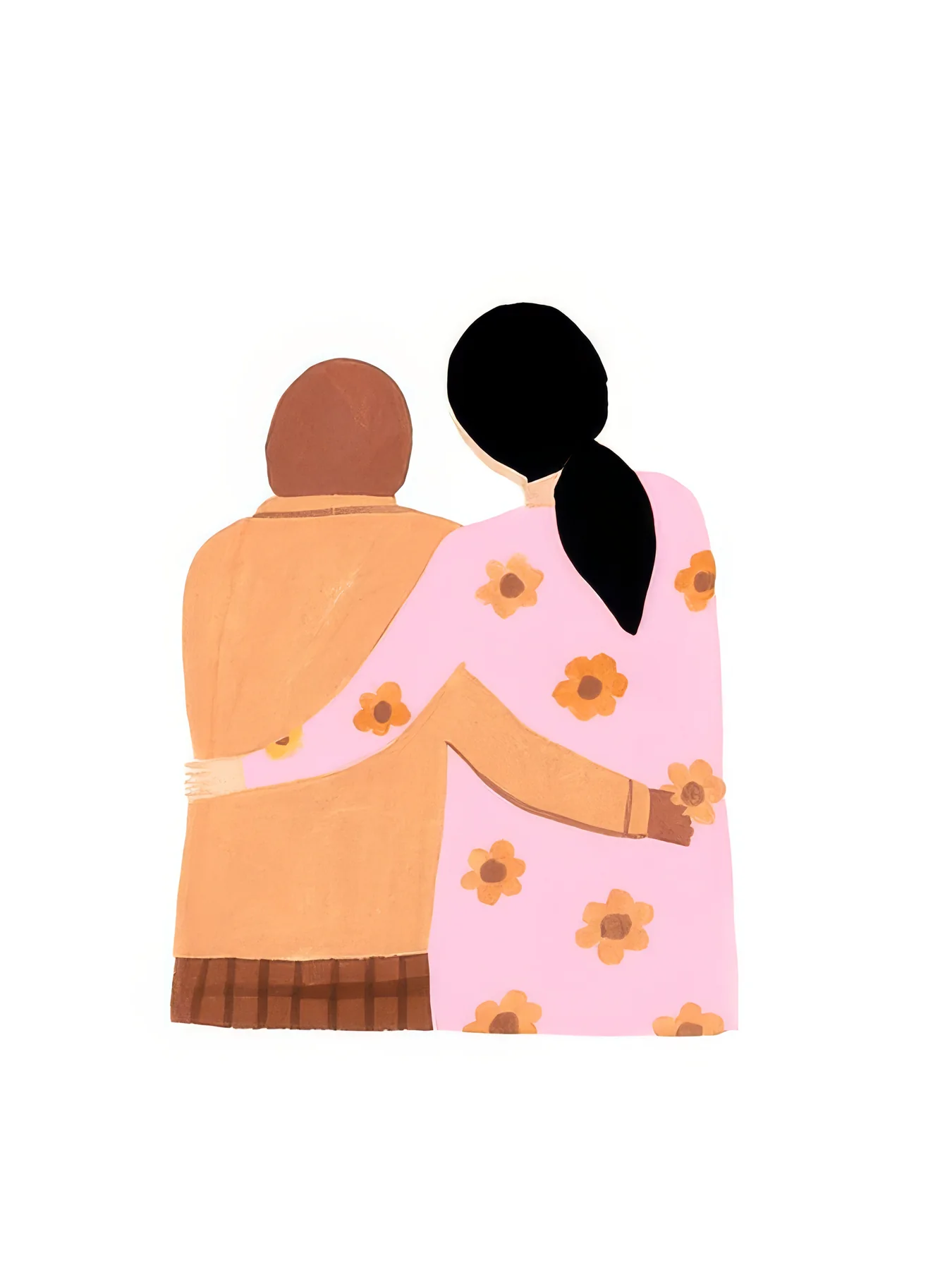 Onlly poster, Two Friends Embracing: Two figures lean into an embrace, their warm skin tones set against pale pink.