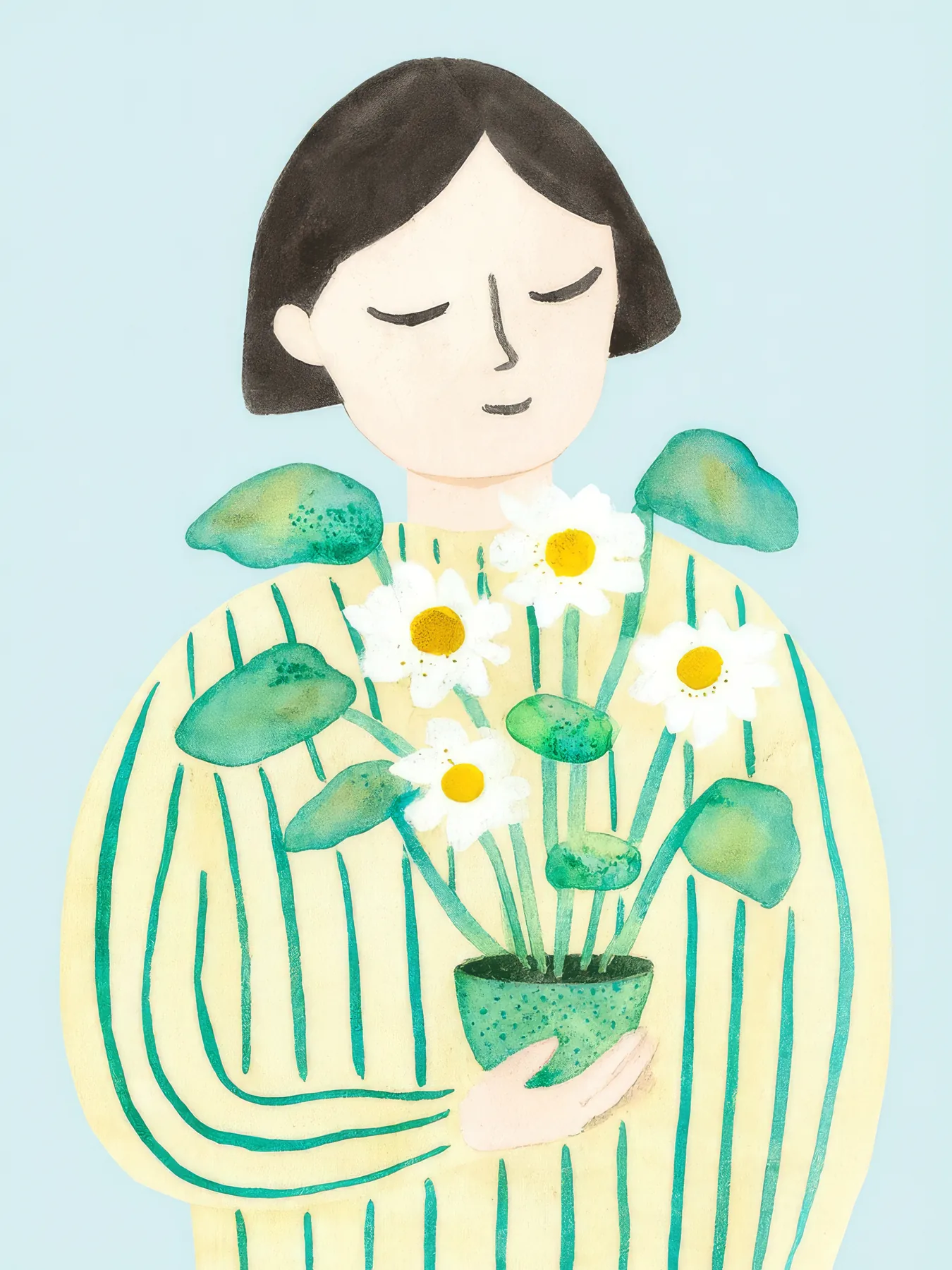 Onlly poster, Woman Holding Wildflowers: A woman in a green striped top holds a small bouquet close to her chest.
