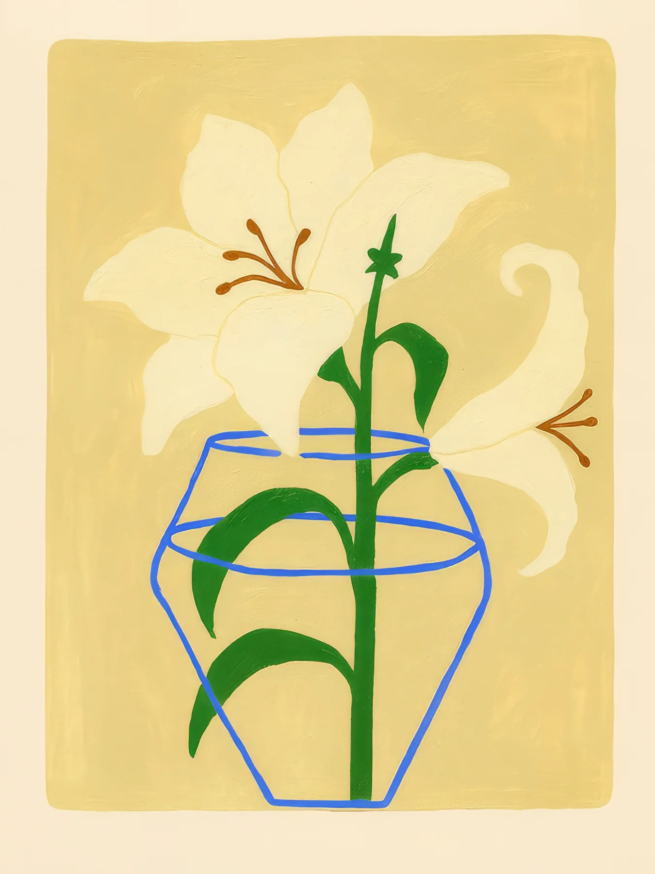 Onlly poster, Plant beside the Blue Jug: A slender green plant grows from a blue glass-like container on pale yellow.