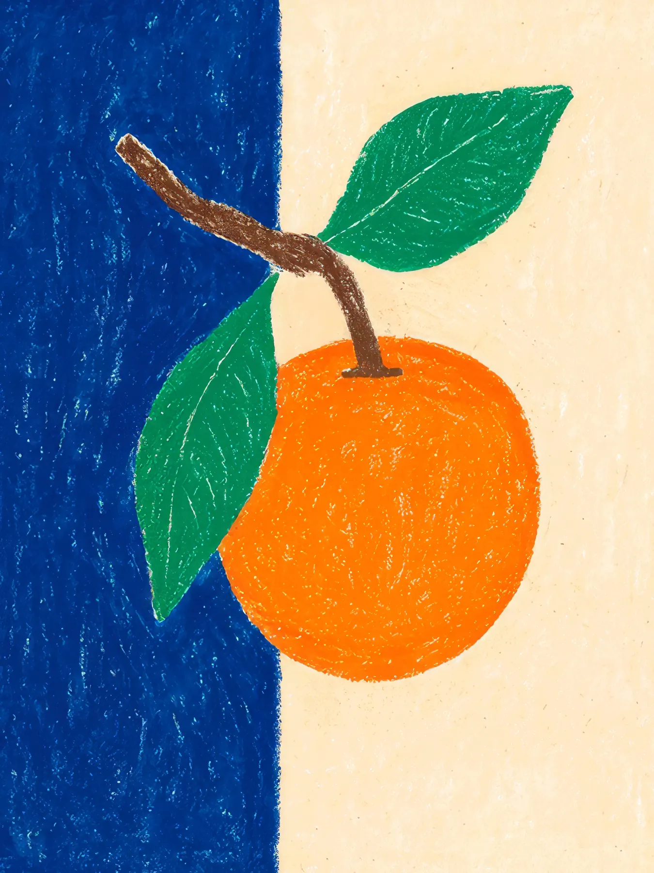 Onlly poster, Orange with Green Leaves: A ripe orange and two green leaves are arranged on a split blue-and-cream background.