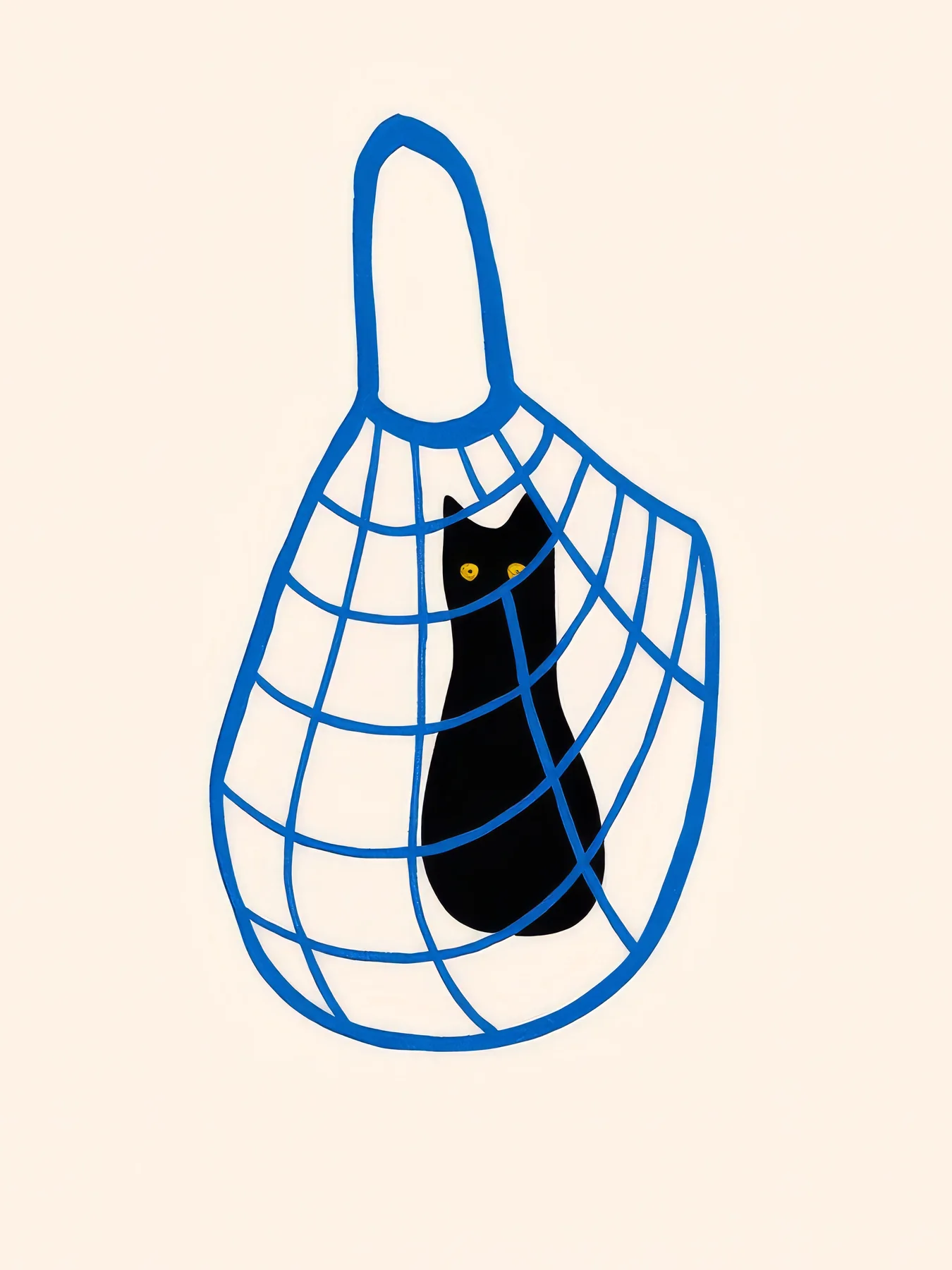 Onlly poster, Black Cat in a Market Bag: A dark cat peeks through a blue line-drawn shopping bag.