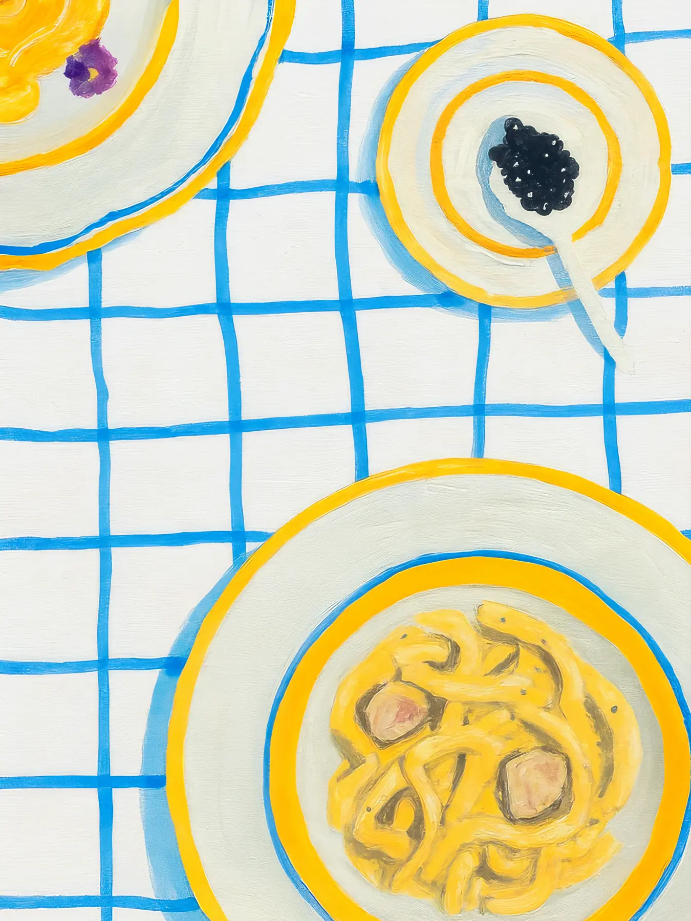 Onlly poster, Noodle Bowl from Above: A patterned blue grid and bright circles frame a bowl of noodles viewed from above.
