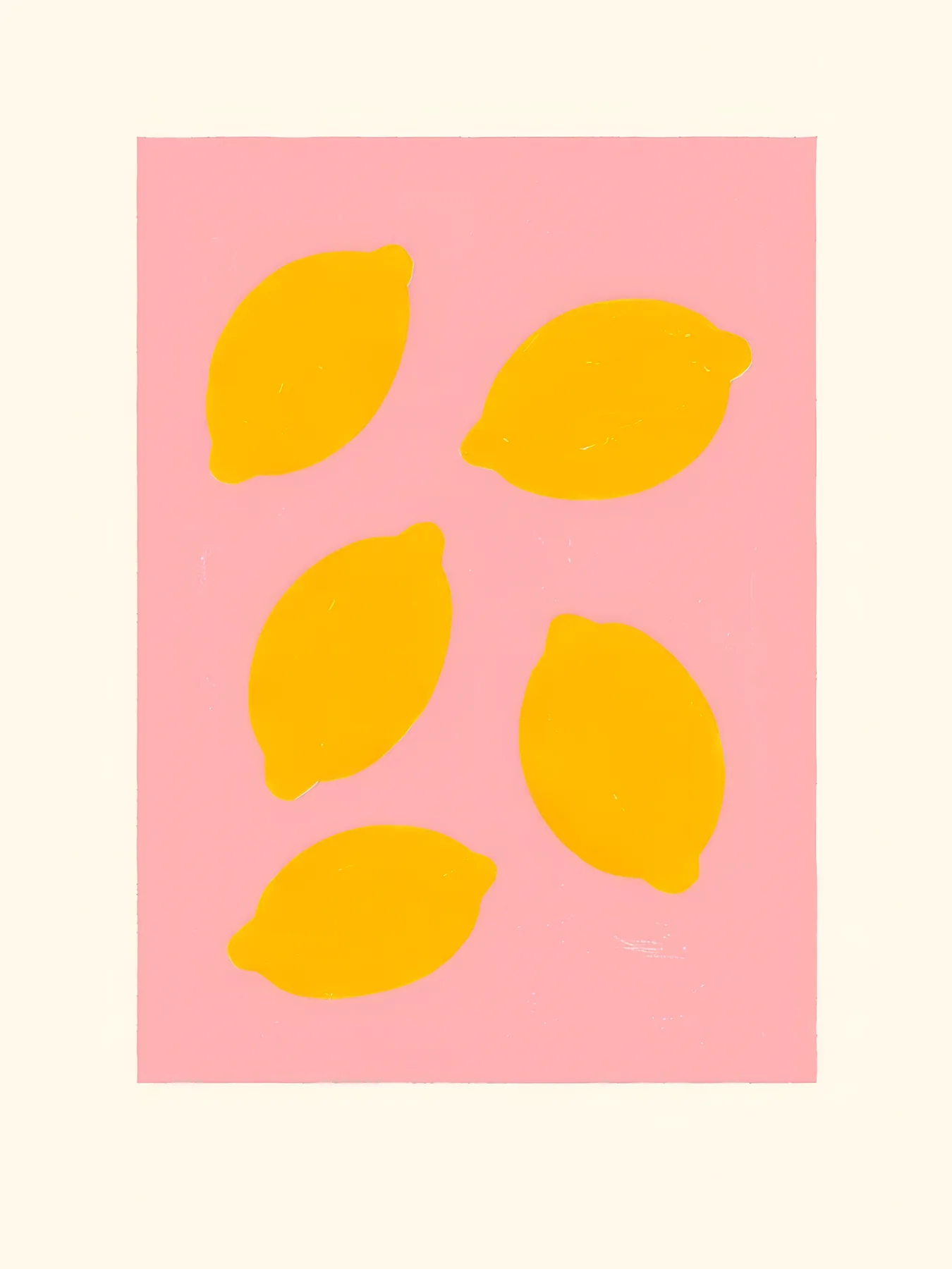 Onlly poster, Lemons on Blush Pink: Loose yellow lemon shapes are spaced across a warm pink field.