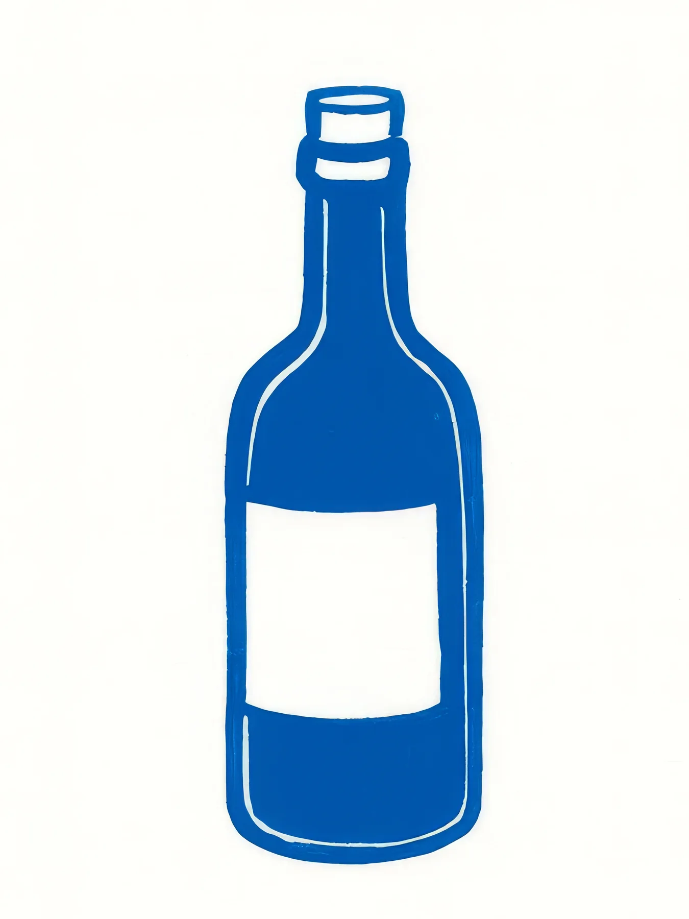 Onlly poster, Blue Wine Bottle: A single cobalt bottle with a blank pale label is drawn on ivory.