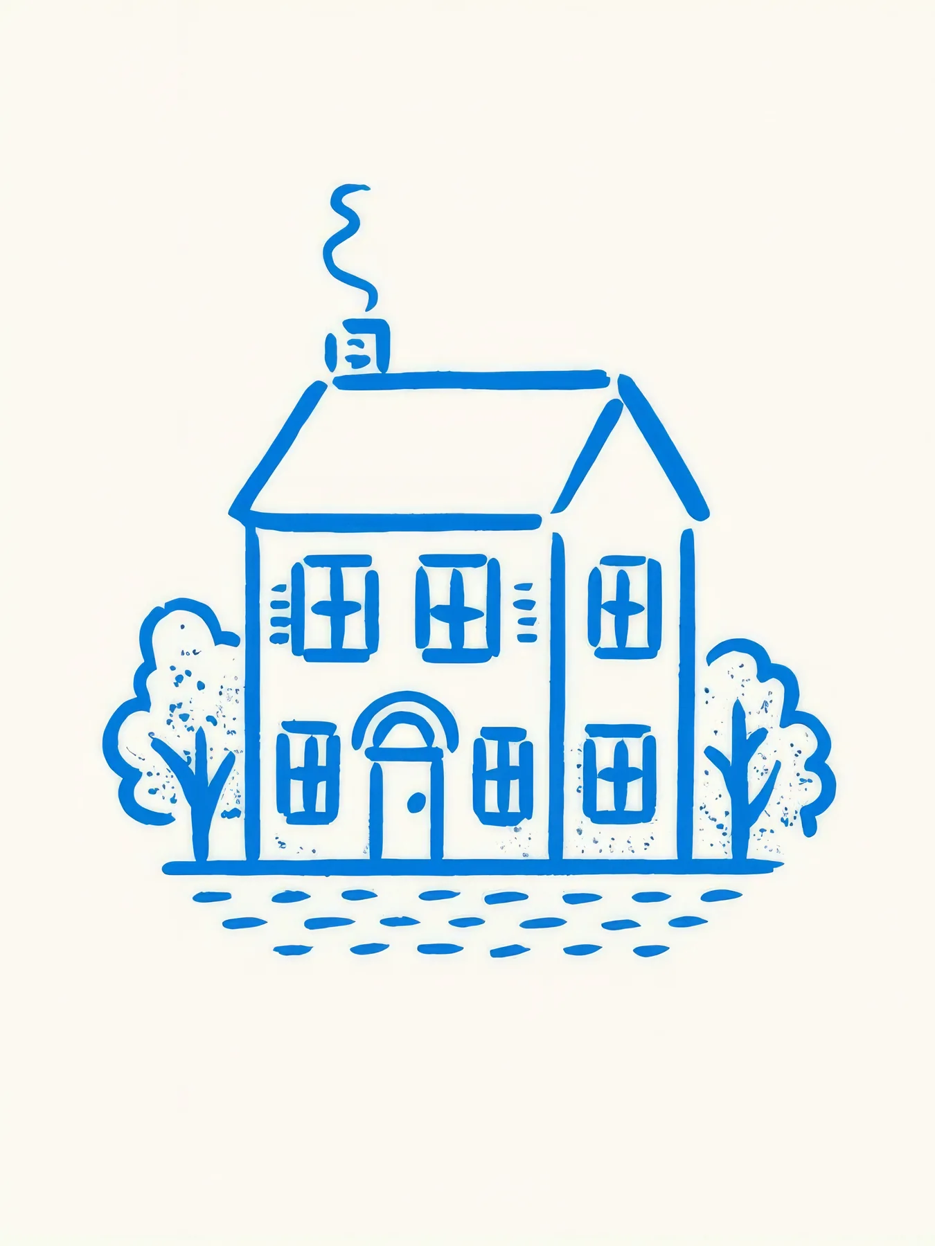 Onlly poster, Blue Line-Drawn Townhouse: A tall house with windows, plants and a smoking chimney is drawn in blue.