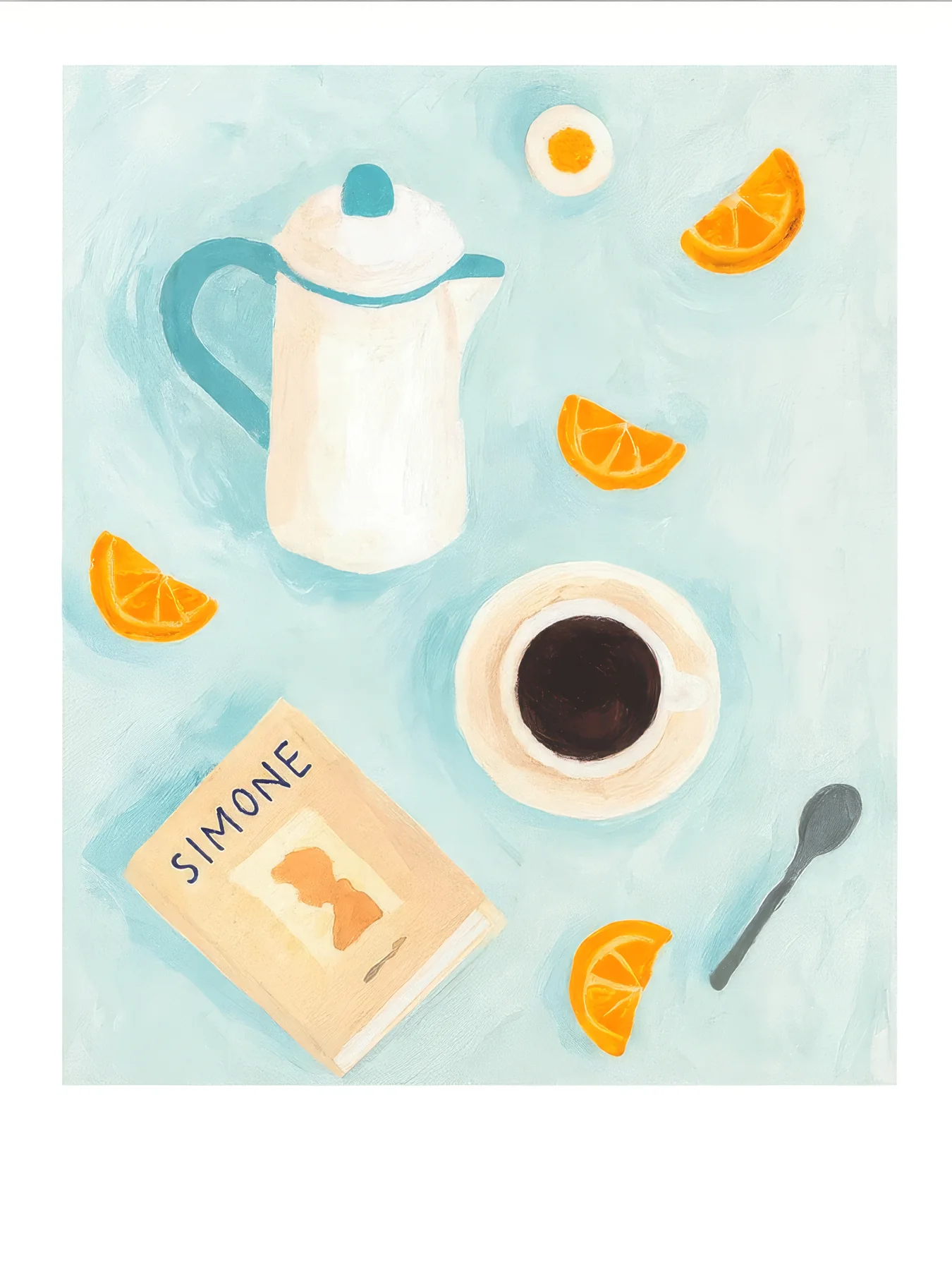 Onlly poster, Kitchen Objects on Pale Blue: A kettle, citrus, cup and small food packages are arranged as a loose overhead still life.