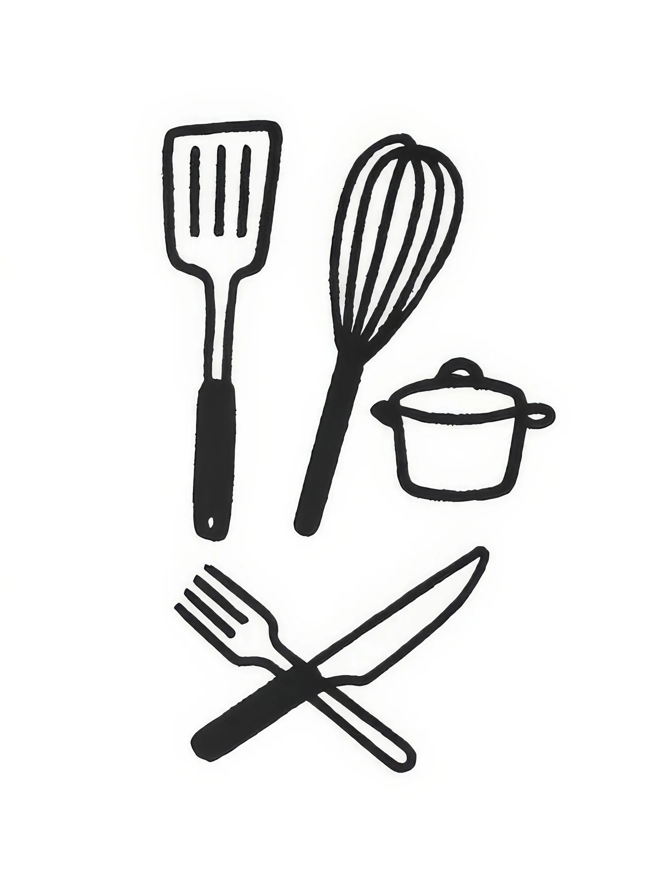 Onlly poster, Kitchen Utensils in Blue and Black: A whisk, spatula, pot and cutlery are arranged as simple graphic line drawings.
