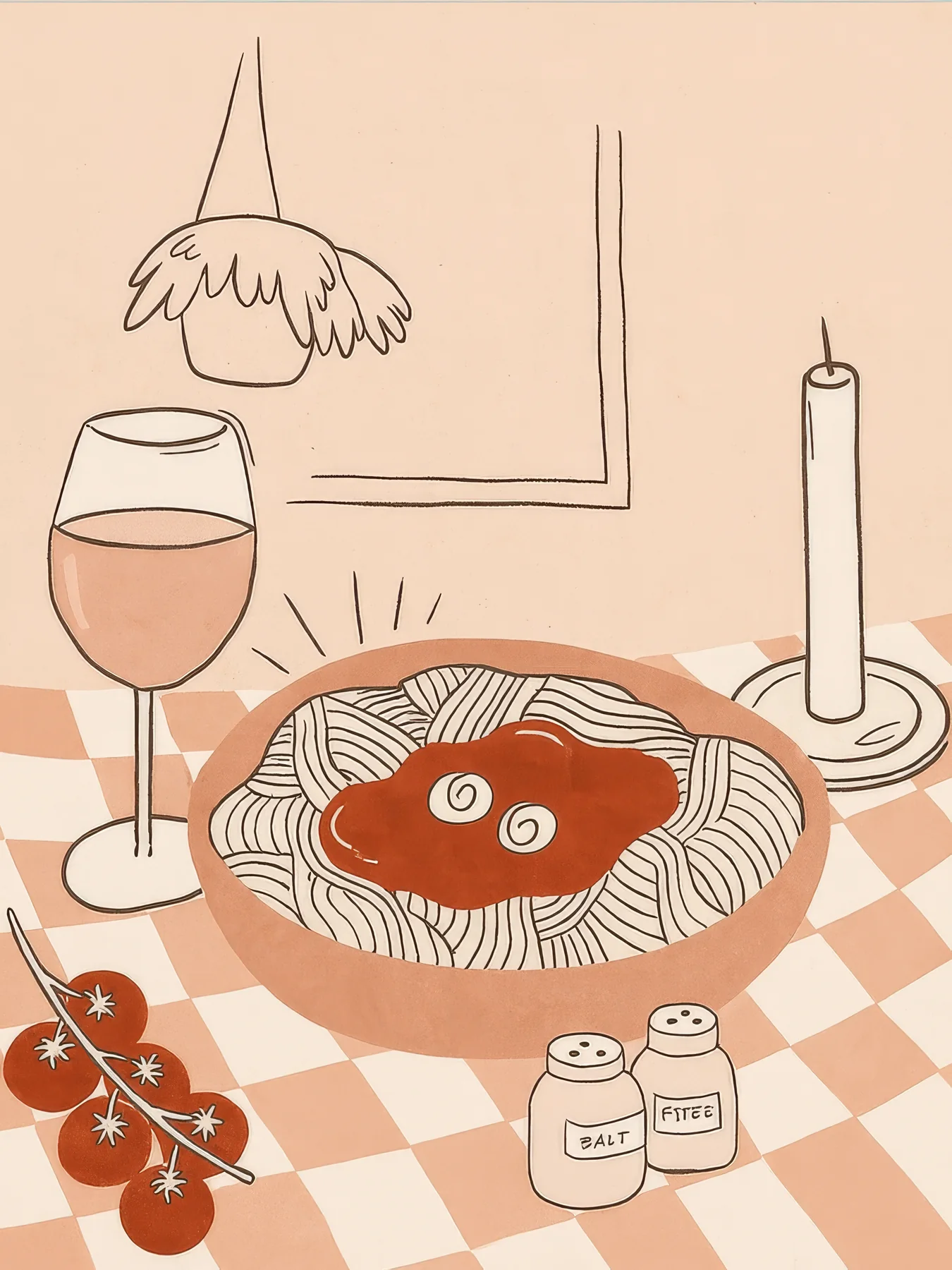 Onlly poster, Dinner with Pasta and Fish: A cosy table setting shows a plate of pasta, fish, wine and small side dishes.
