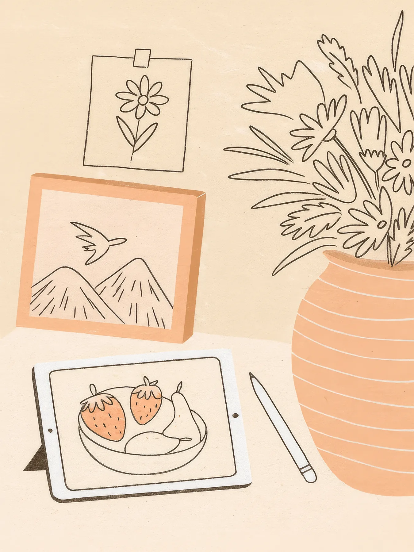 Onlly poster, Cookbook and Floral Sketches: A tabletop arrangement pairs food illustrations and handwritten recipe notes with a small flower.