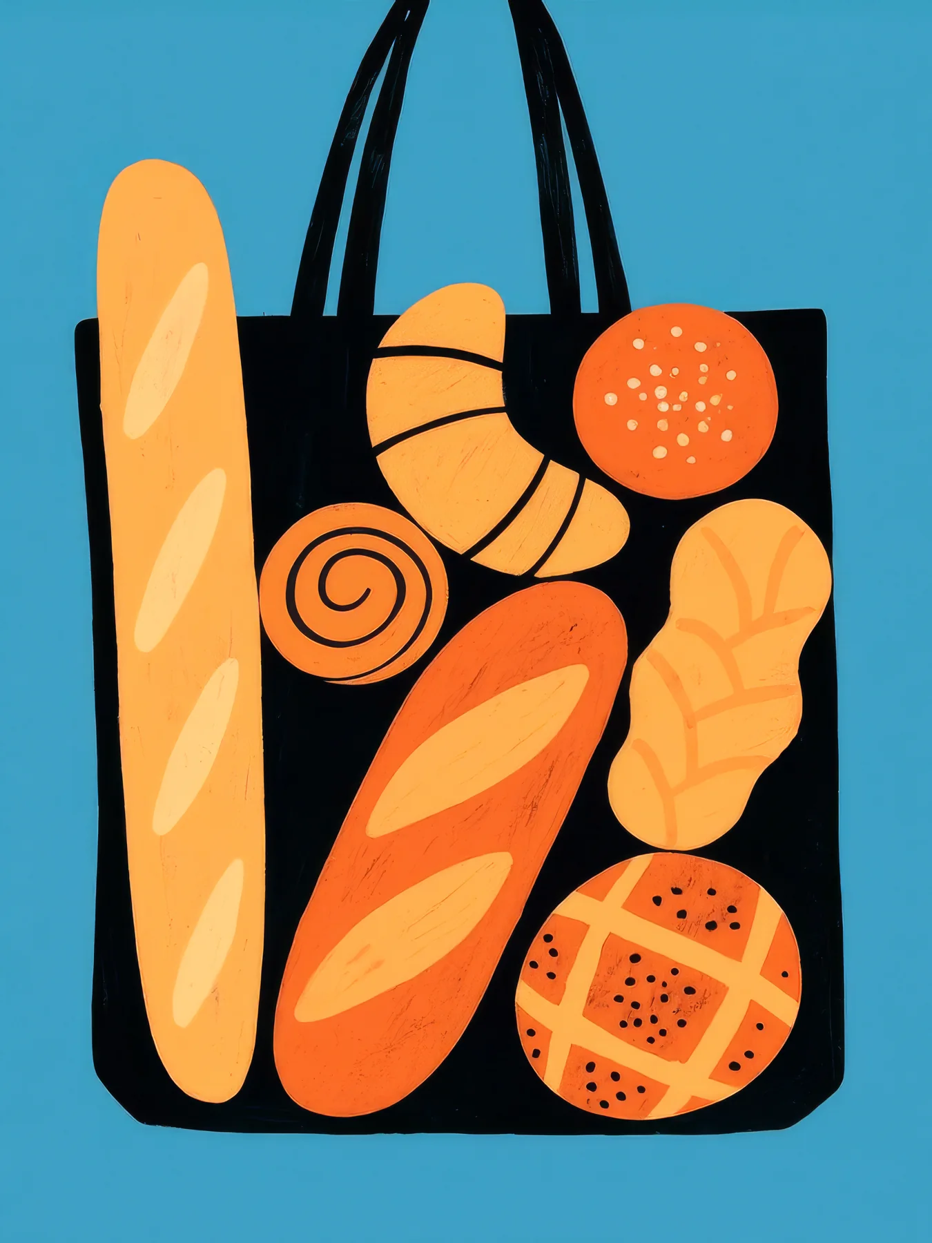 Onlly poster, Colourful Market Tote: A dark tote bag is filled with baguettes, produce and colourful groceries.