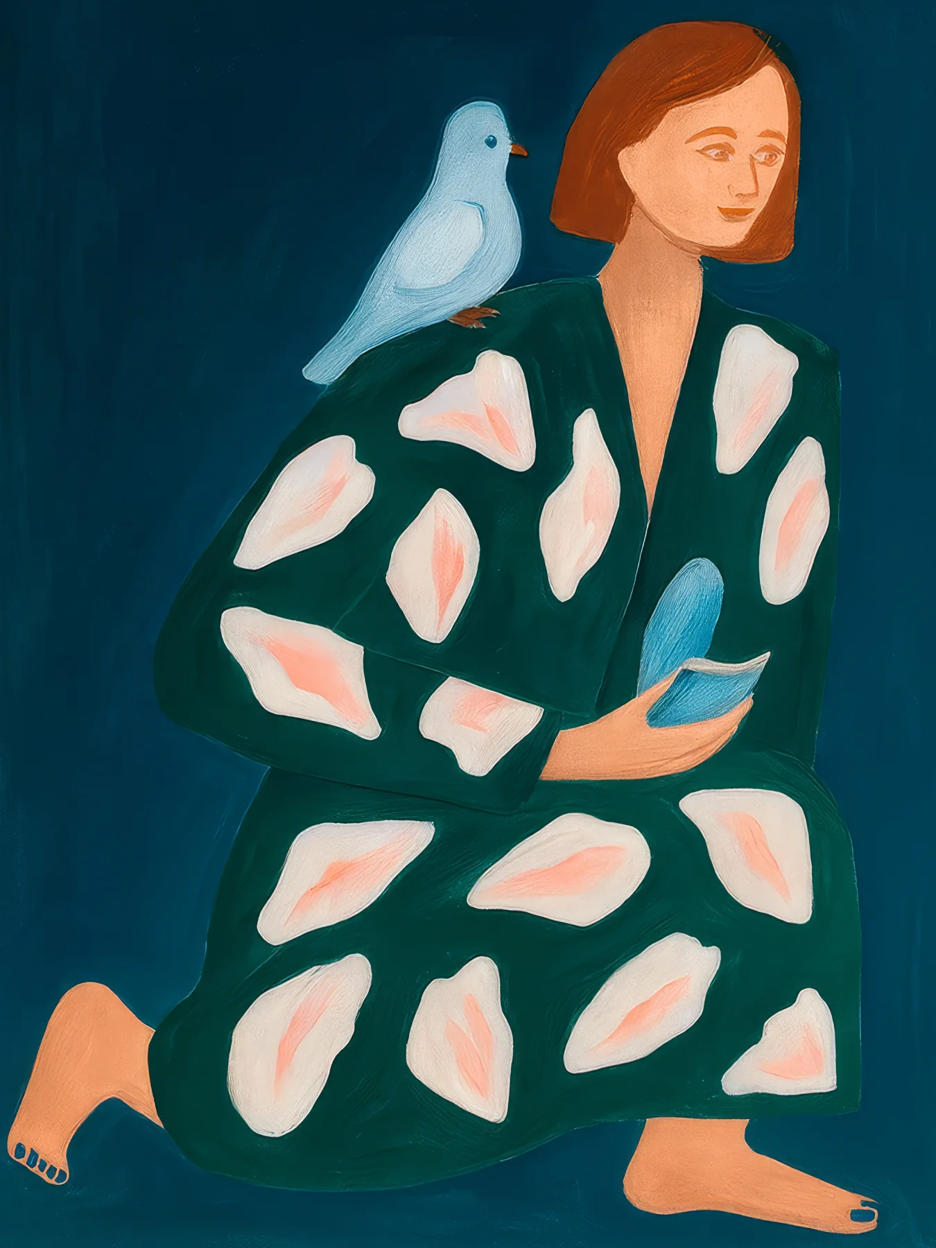 Onlly poster, Woman among Pale Petals: A dark-haired woman stands against deep blue, surrounded by scattered pale leaf shapes.