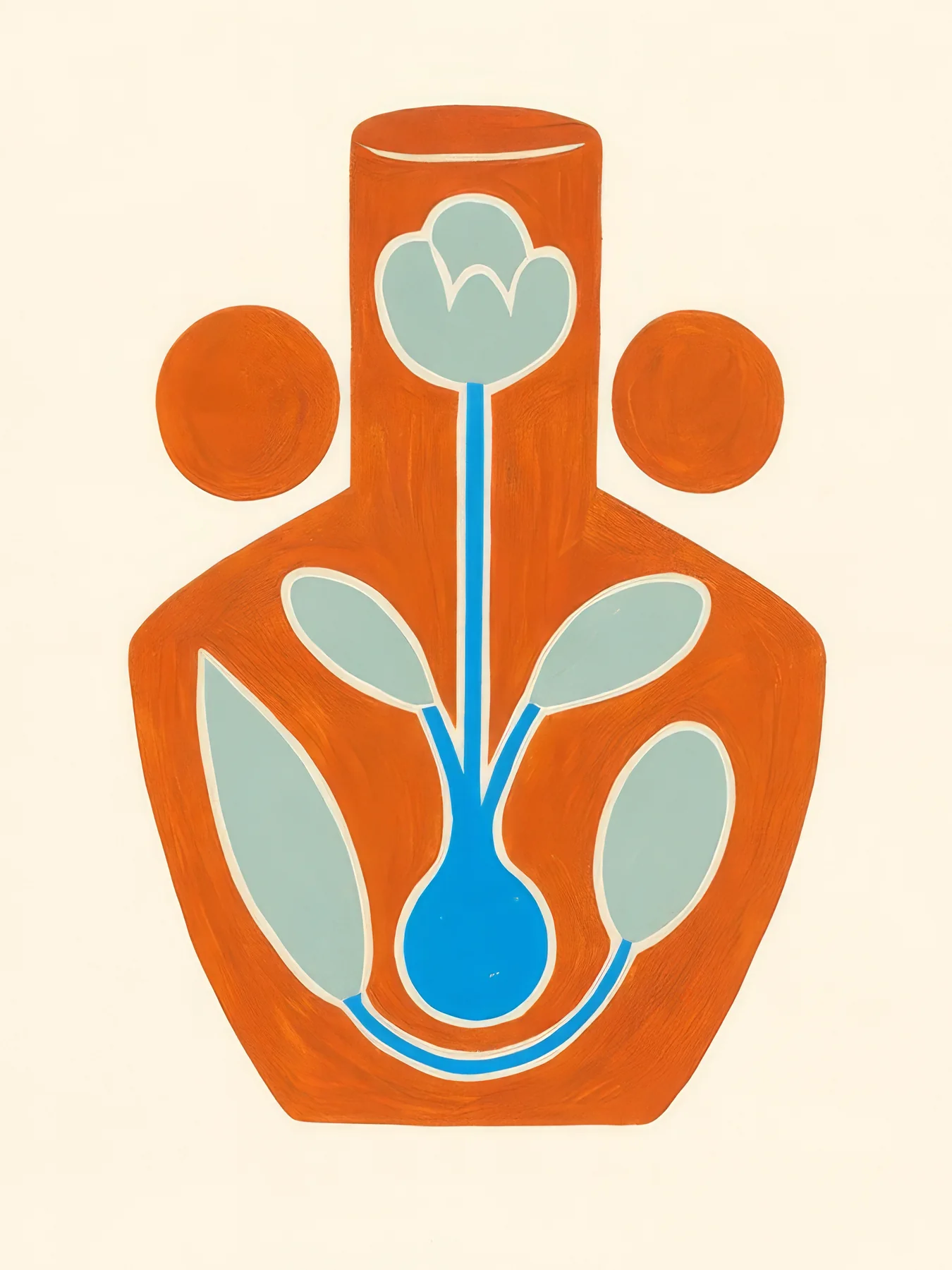 Onlly poster, Orange Vase with Blue Stems: A terracotta vase and symmetrical blue-green stems form a simple floral motif.